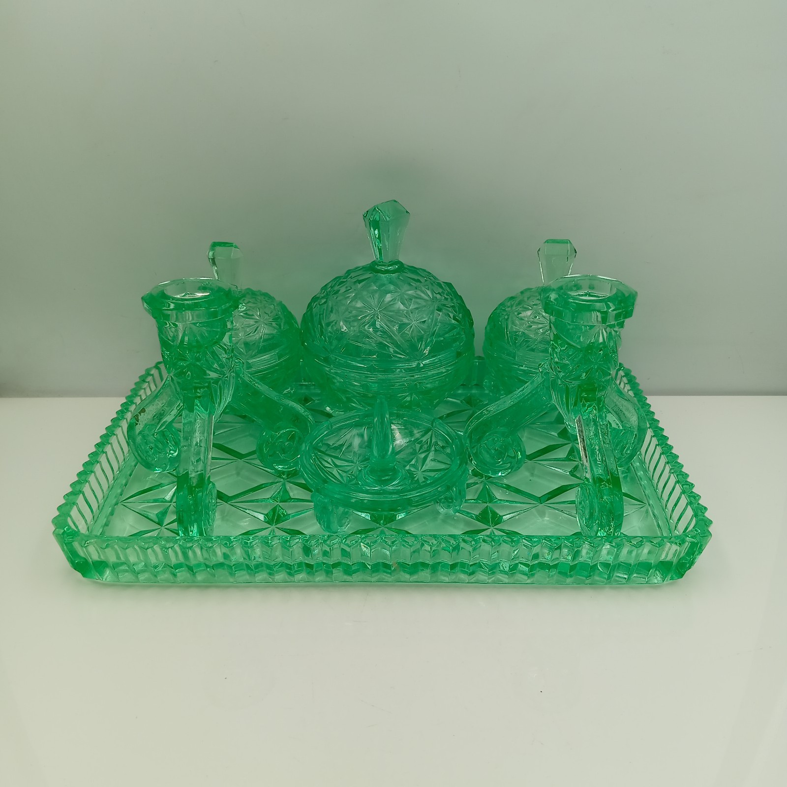 Vintage 1930s Bagley Green Uranium Glass Vanity Set "State" Pattern Complete 7pc Vintage 1930s Bagley Green Uranium Glass Vanity Set "State" Pattern Complete 7pc