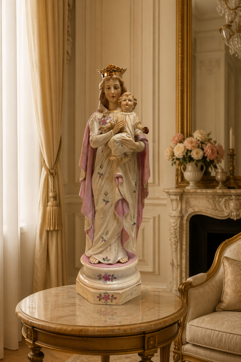 17.5” Vintage Porcelain Madonna & Child Statue Crowned Virgin Mary Hand-Painted 17.5” Vintage Porcelain Madonna & Child Statue Crowned Virgin Mary Hand-Painted