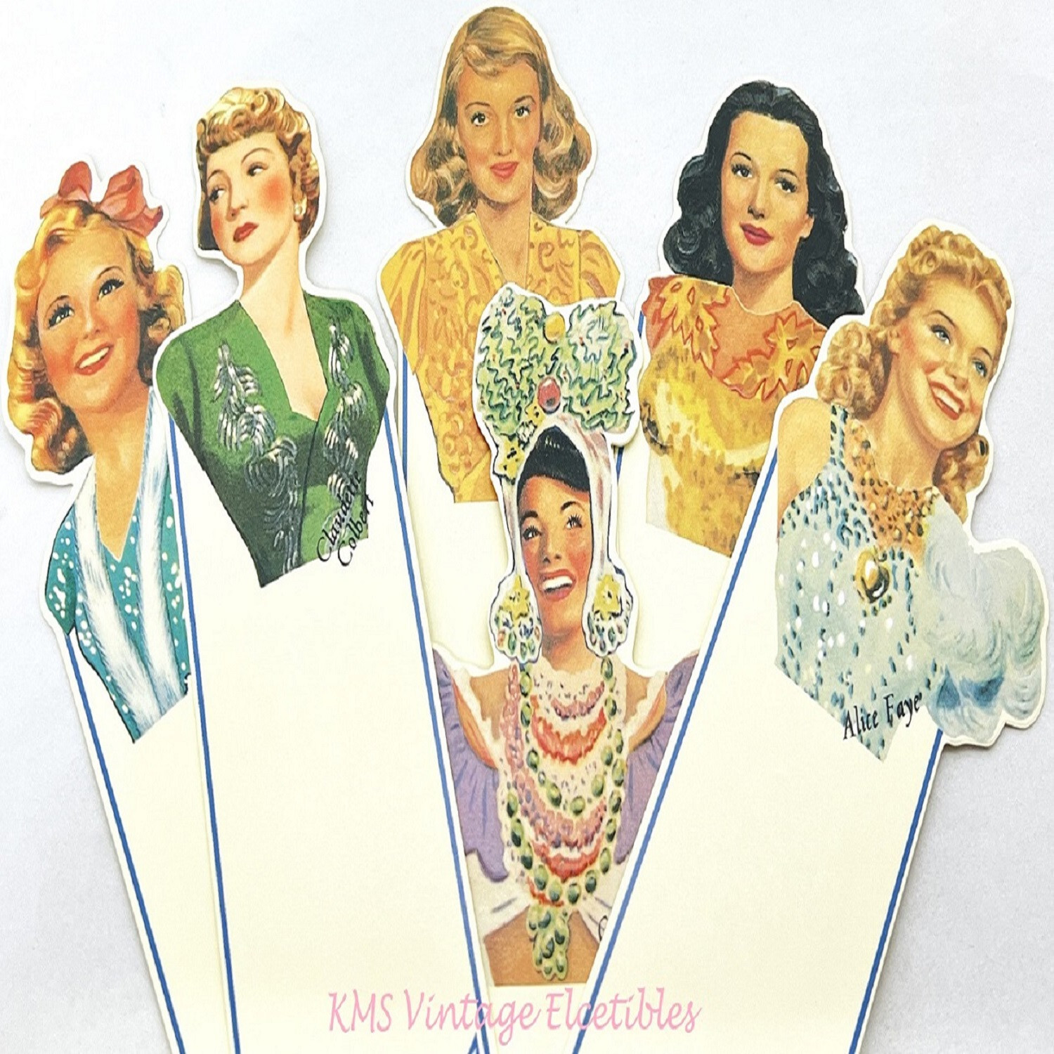 6 Vintage HOLLYWOOD STARLET BOOKMARKS Colbert/Davis/Lamarr/Faye/Miranda/Heine 6 Vintage HOLLYWOOD STARLET BOOKMARKS Colbert/Davis/Lamarr/Faye/Miranda/Heine
