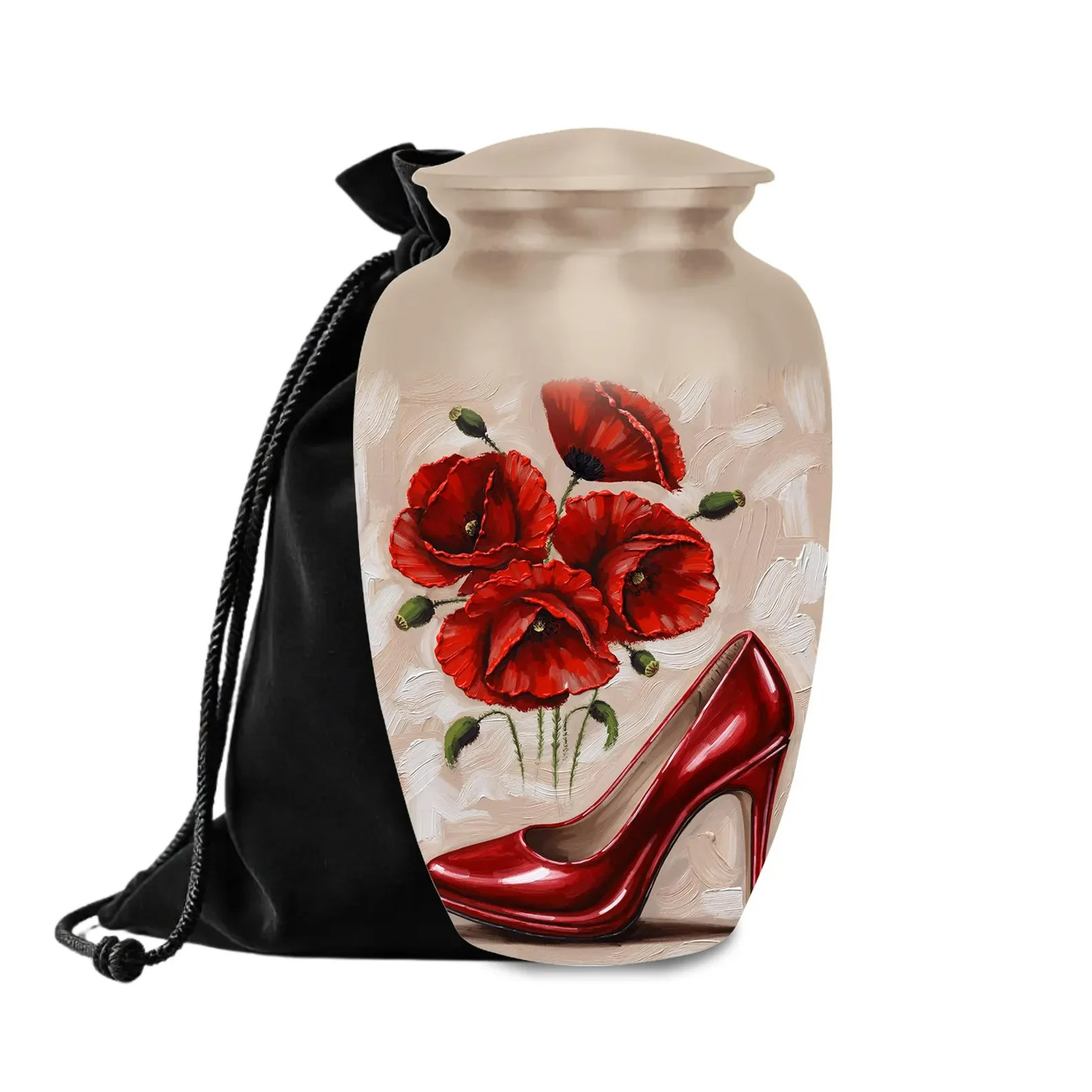 Red High Heel & Poppy Flower Cremation Urn - Elegant Memorial 10 INCH