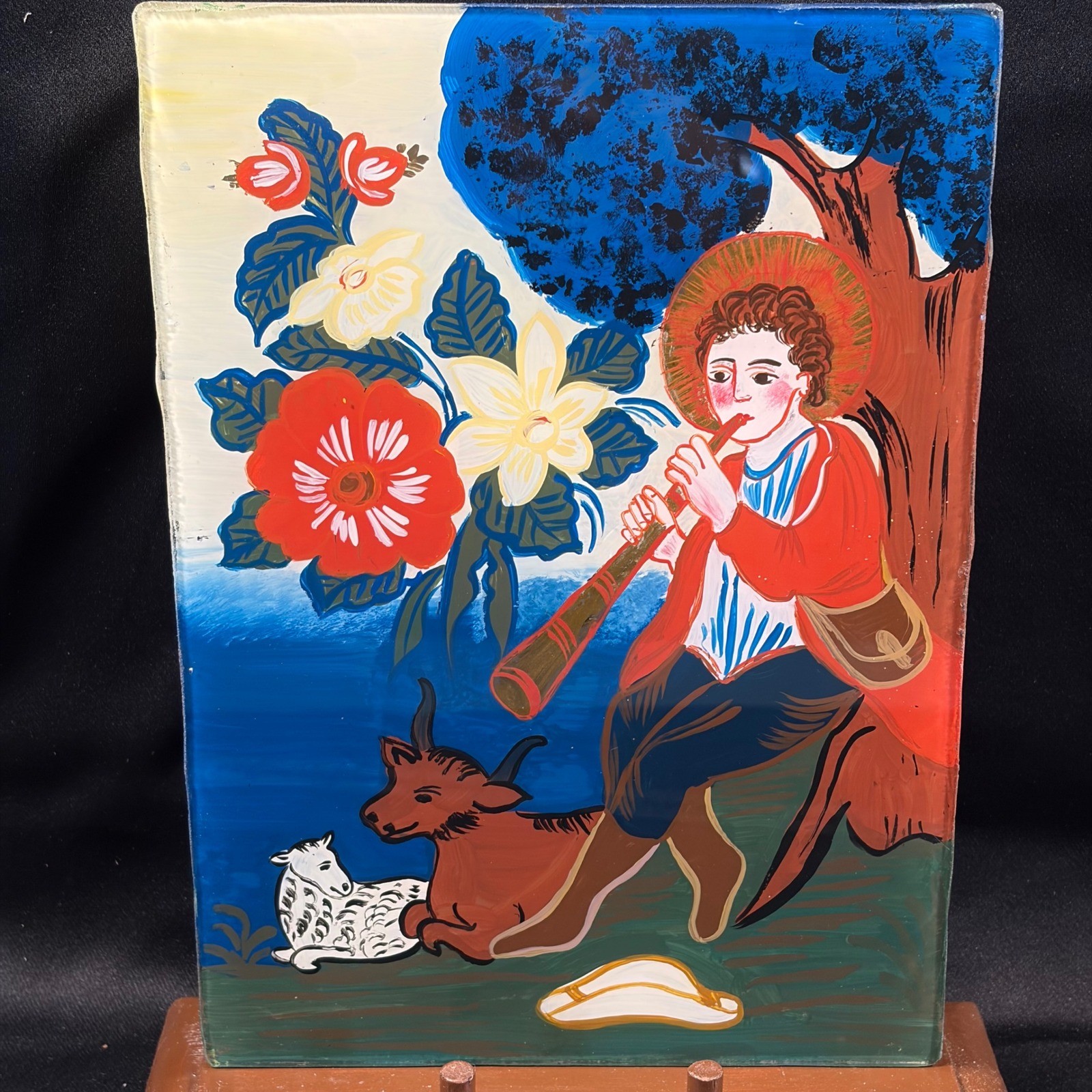 Antique St Wendelin Patron of Shepherds Folk Art Reverse Glass Painting 8x5 Antique St Wendelin Patron of Shepherds Folk Art Reverse Glass Painting 8x5