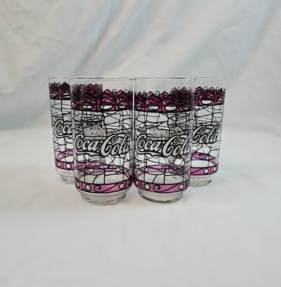 Coca-Cola Coke Tiffany Style Stained Glass Glasses Set Of 4 Vintage 70-80's Coca-Cola Coke Tiffany Style Stained Glass Glasses Set Of 4 Vintage 70-80's
