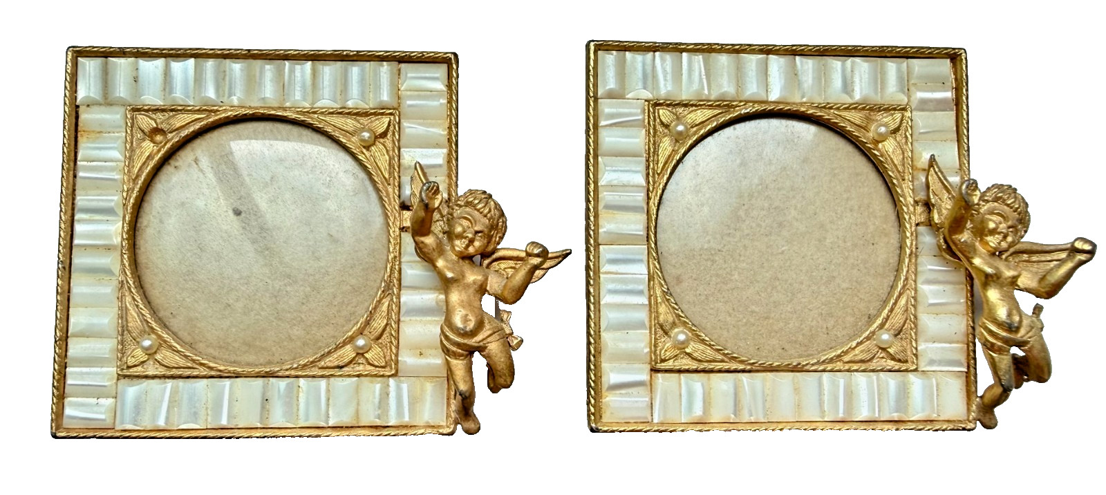 Pair Vintage Gilt Metal Mother of Pearl Cherub Picture Frames Hollywood Regency Pair Vintage Gilt Metal Mother of Pearl Cherub Picture Frames Hollywood Regency