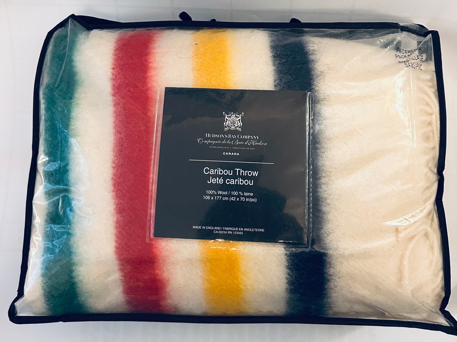 Vintage Hudson’s Bay HBC Caribou Throw Blanket 100% Wool 42x70 Made England NEW
