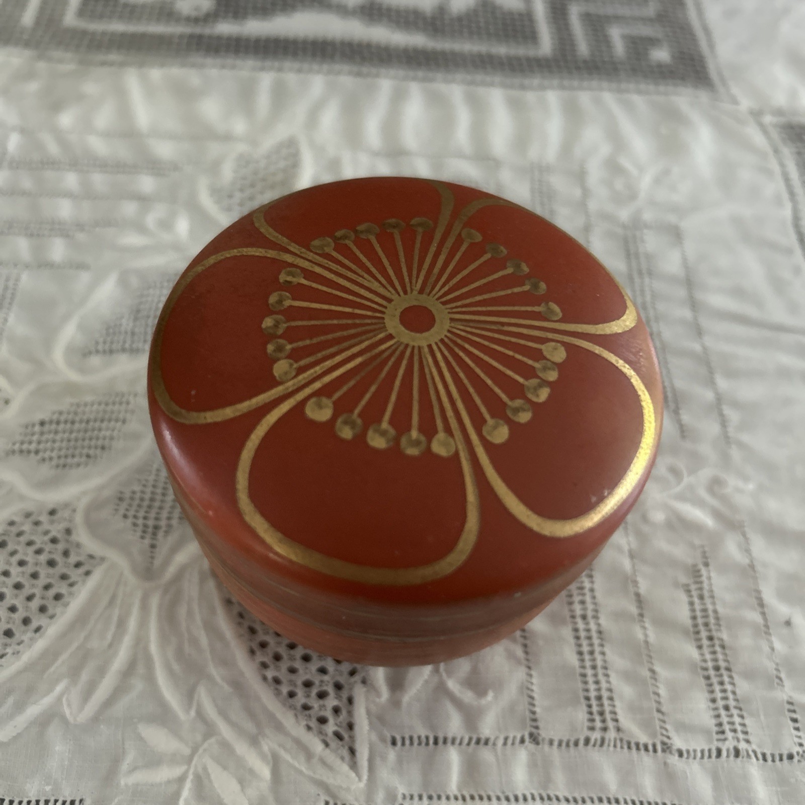 Kutani style Round Trinket Box Japan Orig Tag 1950's VTG PLUM BLOSSOM design Kutani style Round Trinket Box Japan Orig Tag 1950's VTG PLUM BLOSSOM design