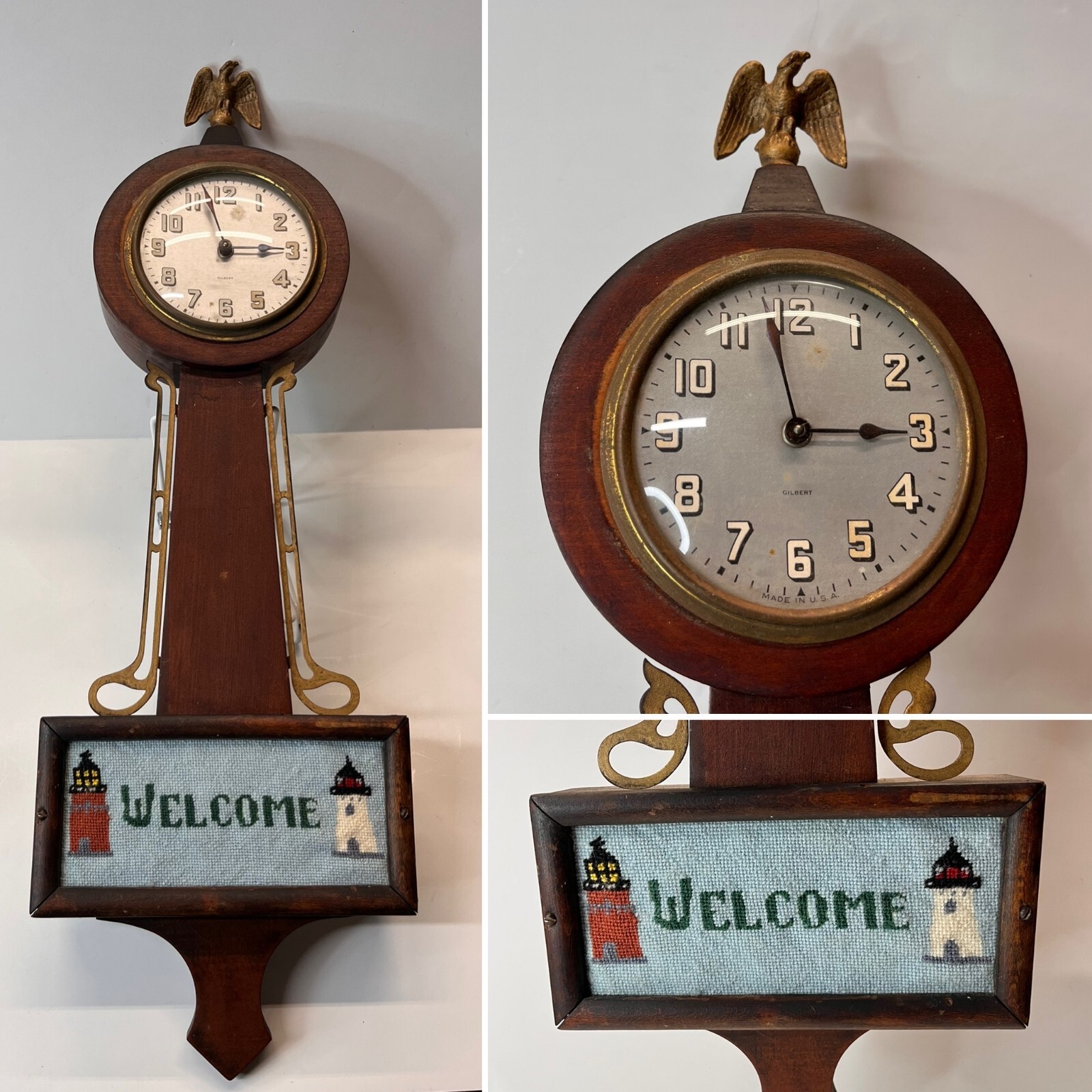 Antique Gilbert Model B Banjo Clock Late Early 20th With "Welcome" Panel WORKS Antique Gilbert Model B Banjo Clock Late Early 20th With "Welcome" Panel WORKS