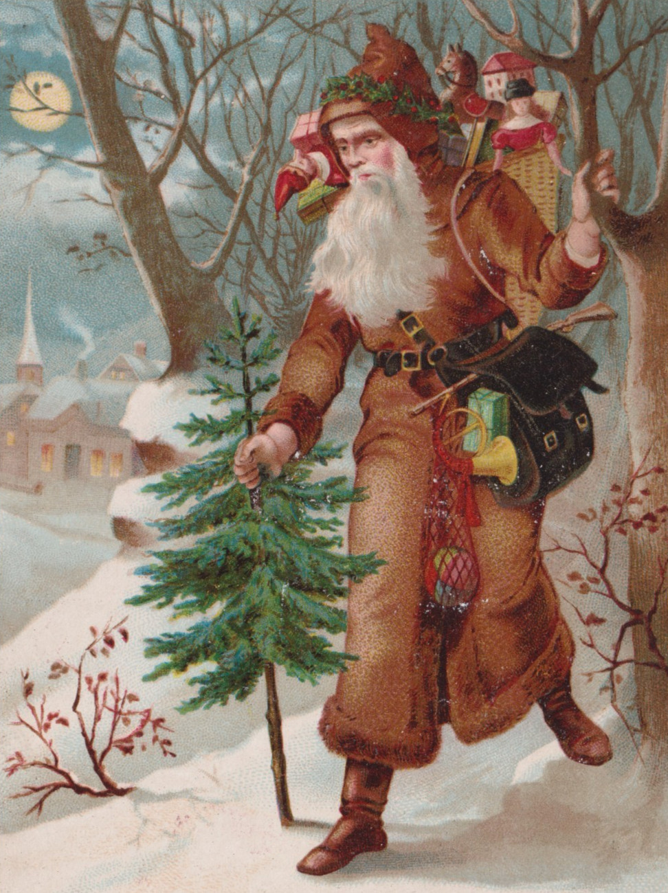 Victorian Father Christmas Card Slim Santa Brown Coat Toys Trees Woods c1890