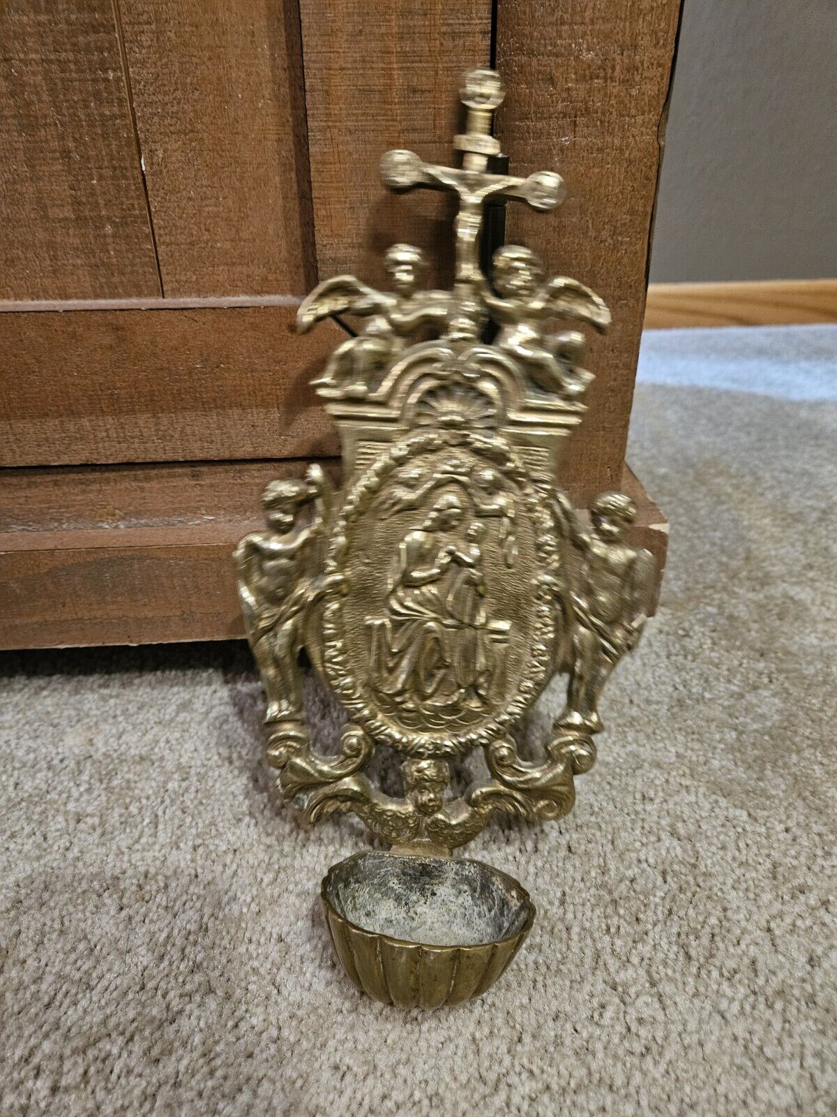 Antique bronze wall holy water font christ jesus angels 12 Inch
