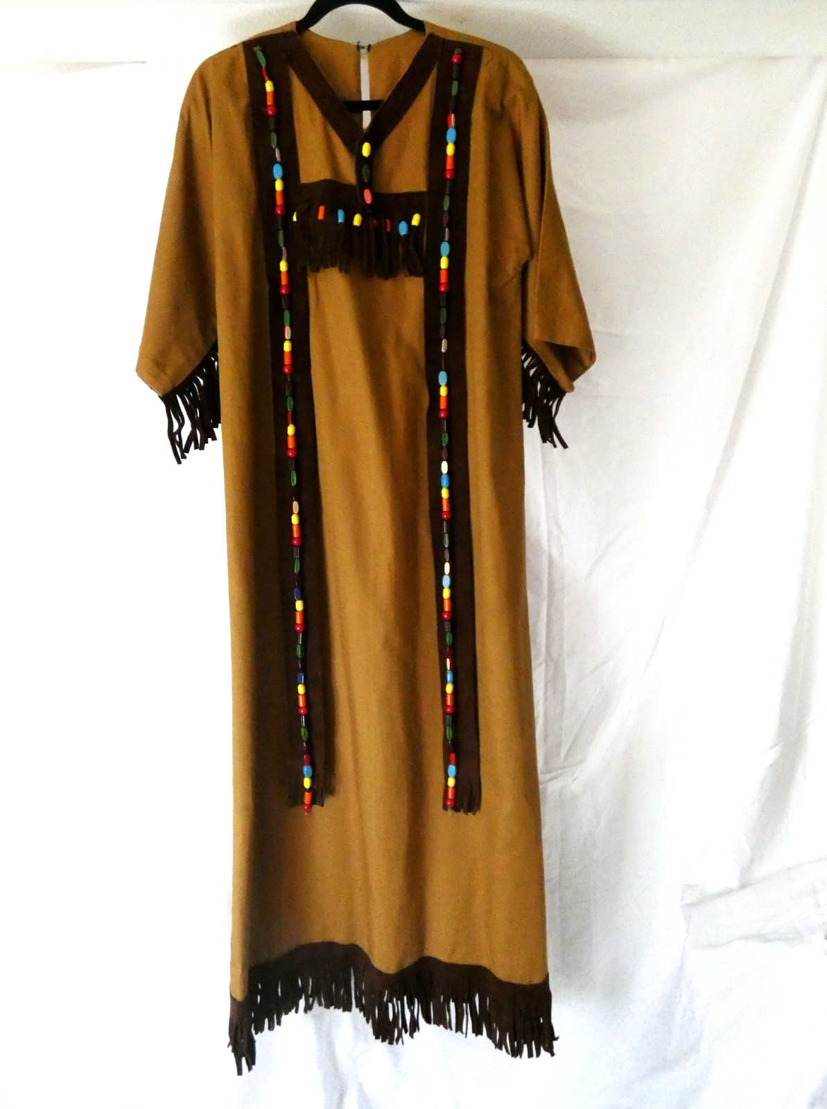 VTG 1960s Camp Fire Girls Ceremonial Gown Dress Fringed Wood Beads Handmade M/L