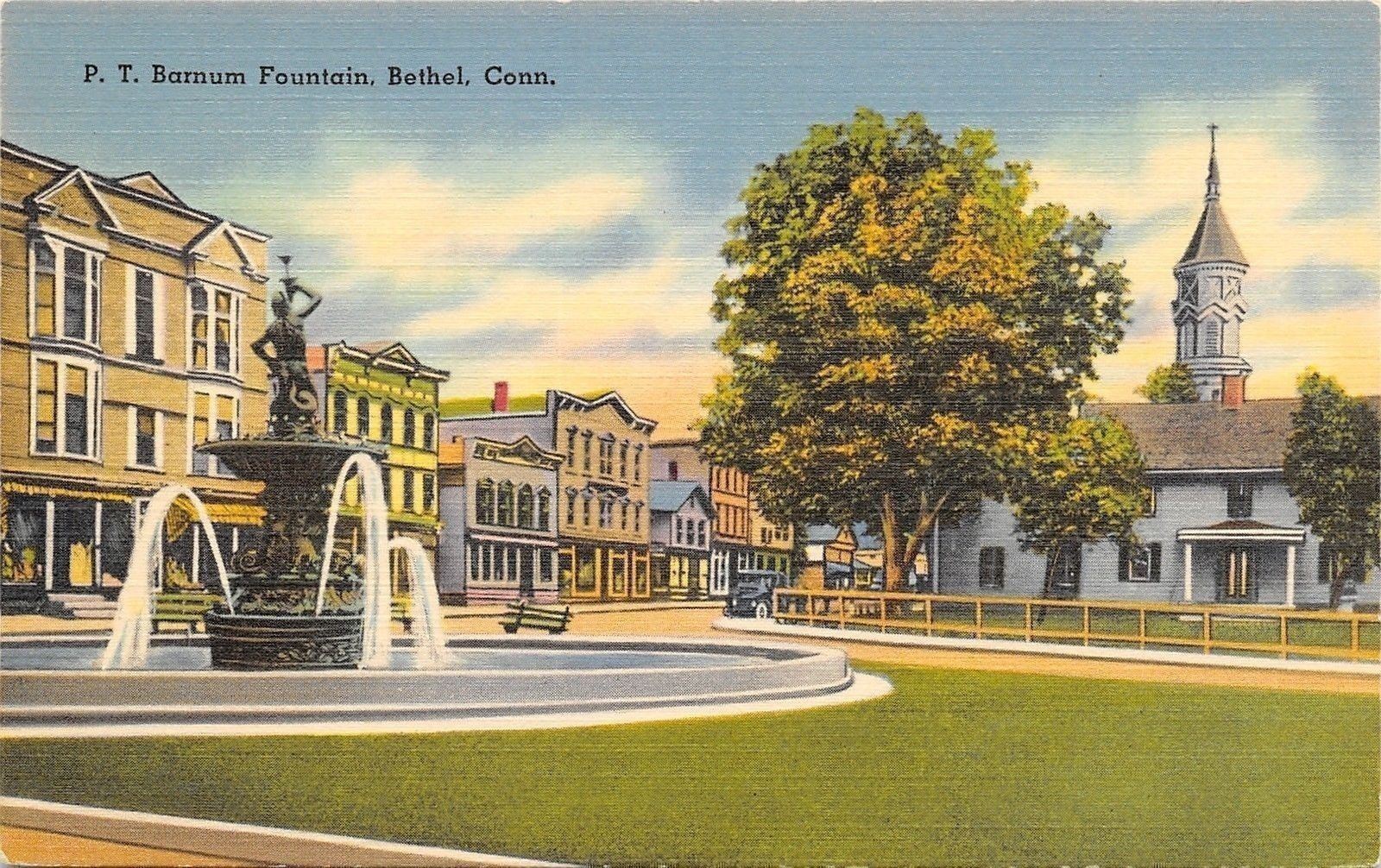 Bethel Connecticut~PT Barnum Fountain~Businesses~1940s Linen Postcard