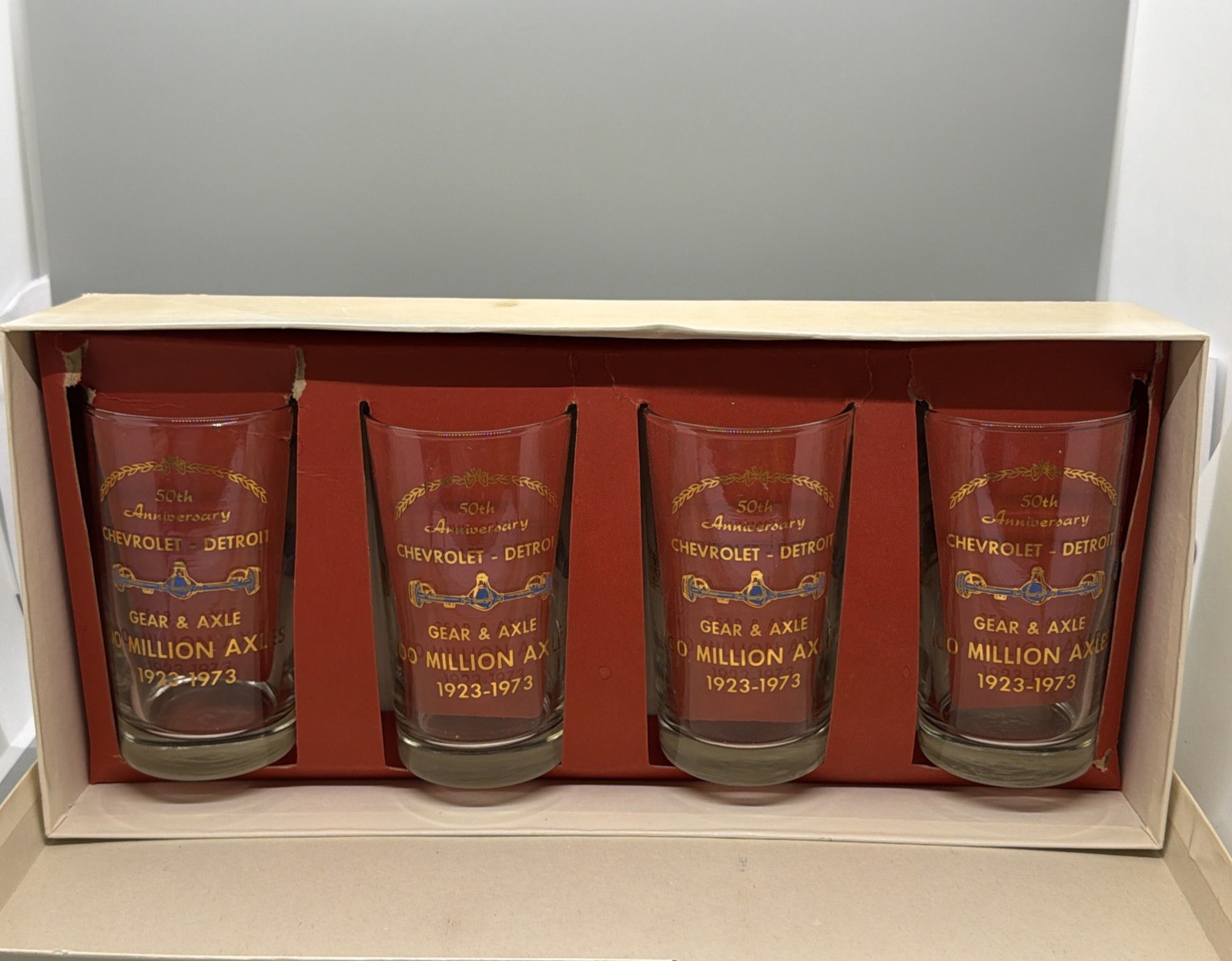 1973 CHEVROLET DETROIT Gear & Axle 50th Anniversary Souvenir Glass Set of 4 NOS