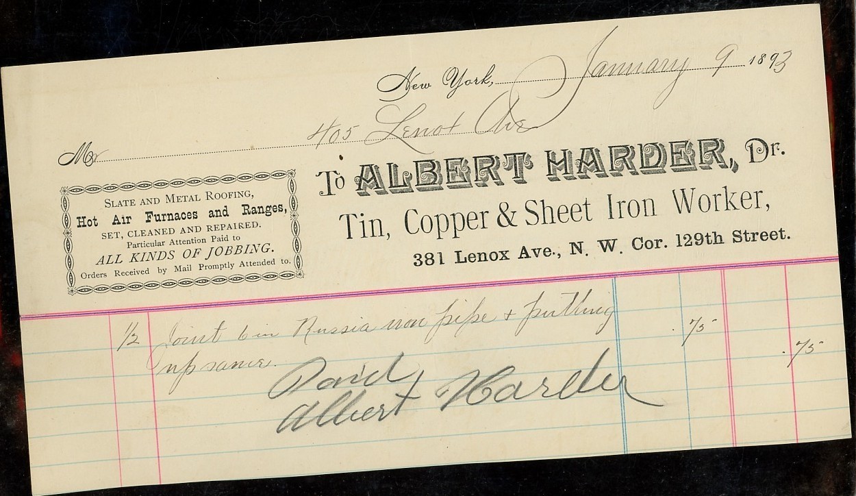 1893 Albert Harder Tin Copper Sheet Iron Worker NYC Billhead Invoice Ephemera 1893 Albert Harder Tin Copper Sheet Iron Worker NYC Billhead Invoice Ephemera