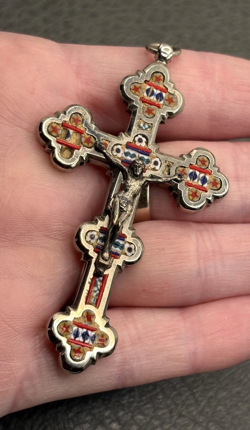 VTG Large Italian Micro Mosaic Crucifix Pendant Cross Religious READ Silver Tone VTG Large Italian Micro Mosaic Crucifix Pendant Cross Religious READ Silver Tone