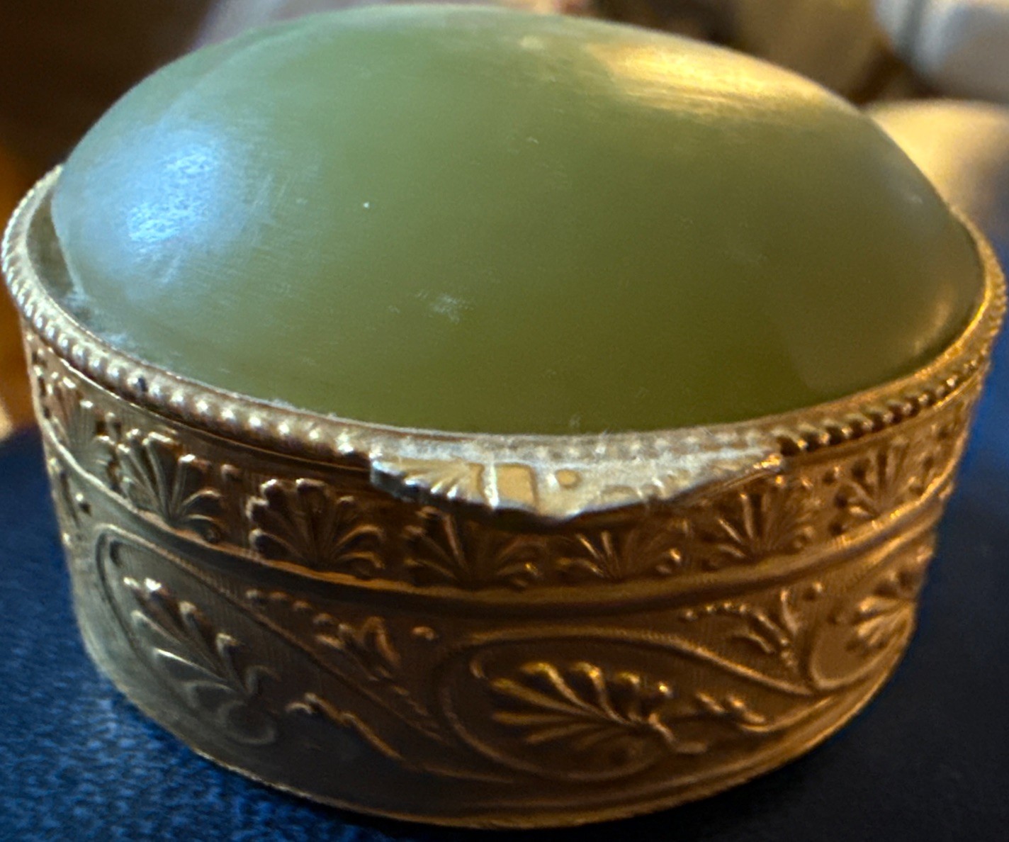 Vintage Italian Green Onyx Marble Pill Box Oval Ornate Gilt Metal Trinket Case