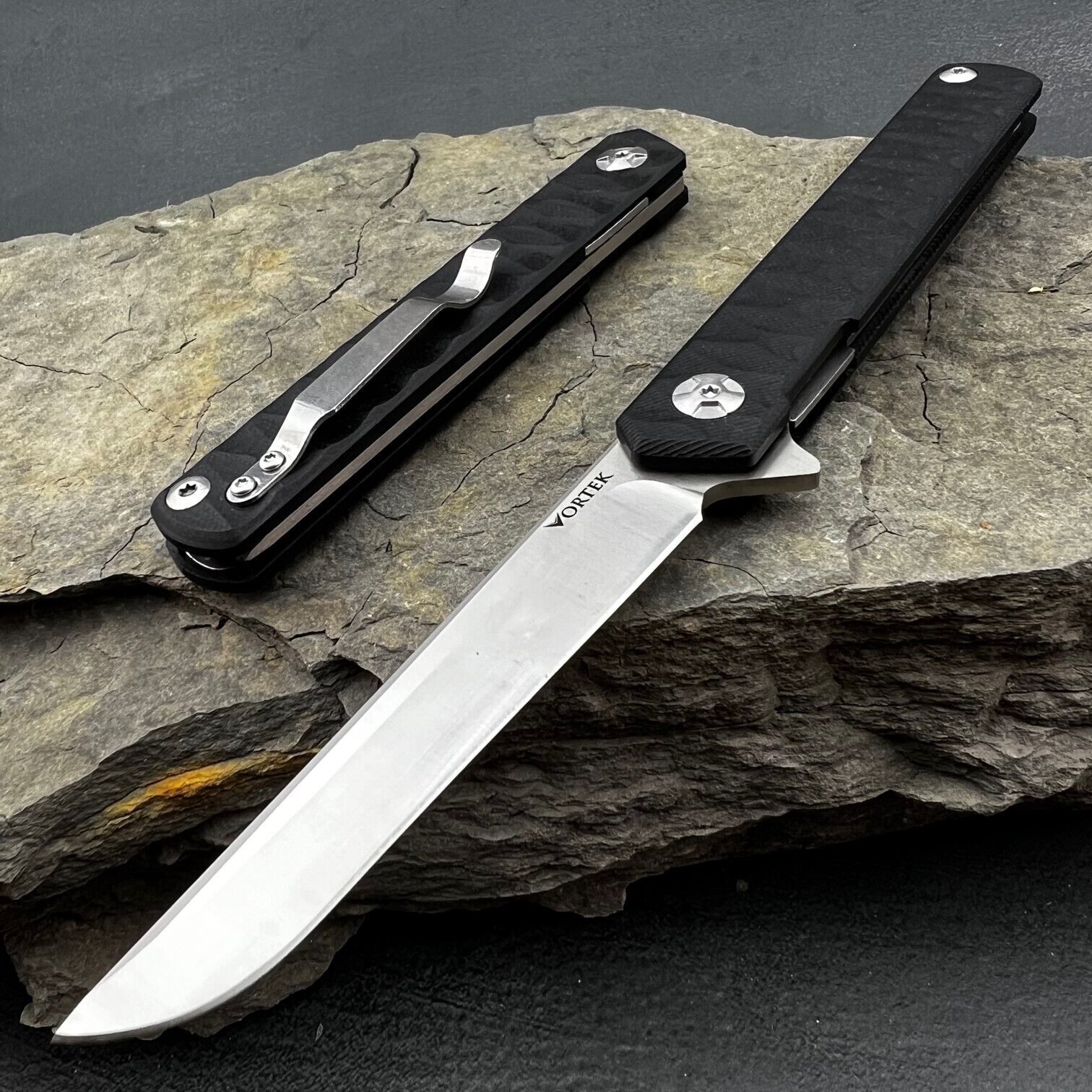 VORTEK ASTRO Black G10 Long Sleek Slender Blade Ball Bearing Folder Pocket Knife