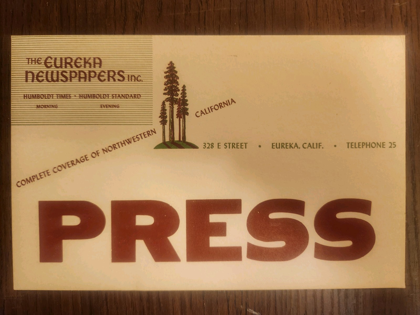 Vintage 1950s Eureka CA. Humboldt Times Newspaper Media Press Pass Placard Vintage 1950s Eureka CA. Humboldt Times Newspaper Media Press Pass Placard