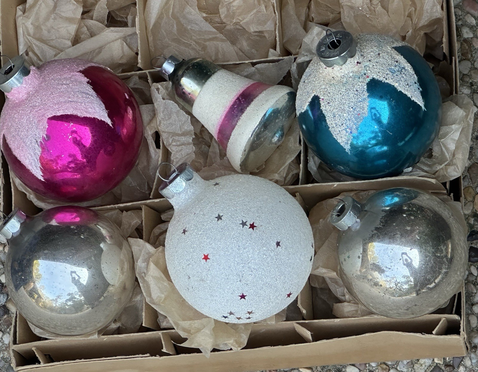 VTG Franke Made In USA Snow-top Confetti Bell Mica Stripe Glass Ornament VTG Franke Made In USA Snow-top Confetti Bell Mica Stripe Glass Ornament