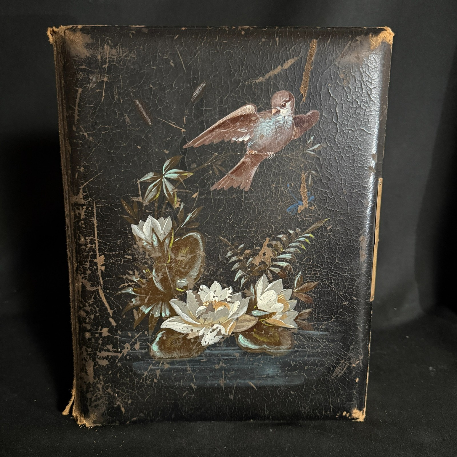 Antique Victorian Leather Photo Album Painted Bird Floral Cabinet Card Empty Antique Victorian Leather Photo Album Painted Bird Floral Cabinet Card Empty