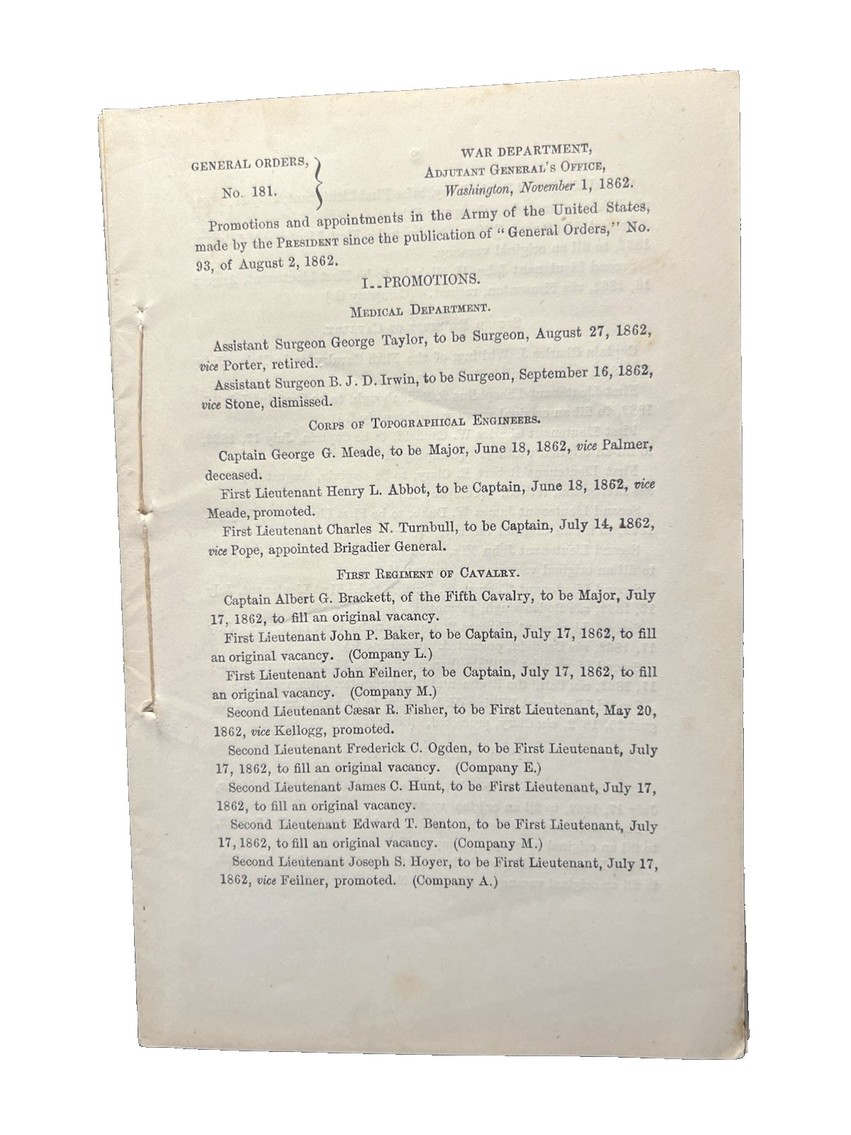 GEN. GEORGE CUSTER ORIGINAL 1862 WAR DEPT. ISSUED 51 PG. PROMOTIONS BOOKLET GEN. GEORGE CUSTER ORIGINAL 1862 WAR DEPT. ISSUED 51 PG. PROMOTIONS BOOKLET