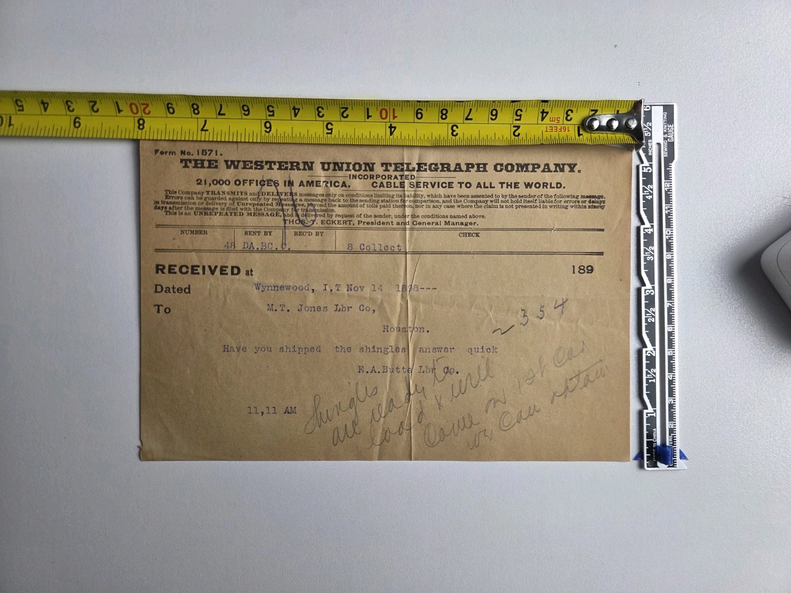 1898 Western Union Telegram Wynnewood I.T. Houston Texas Lumber Co Antique 1898 Western Union Telegram Wynnewood I.T. Houston Texas Lumber Co Antique