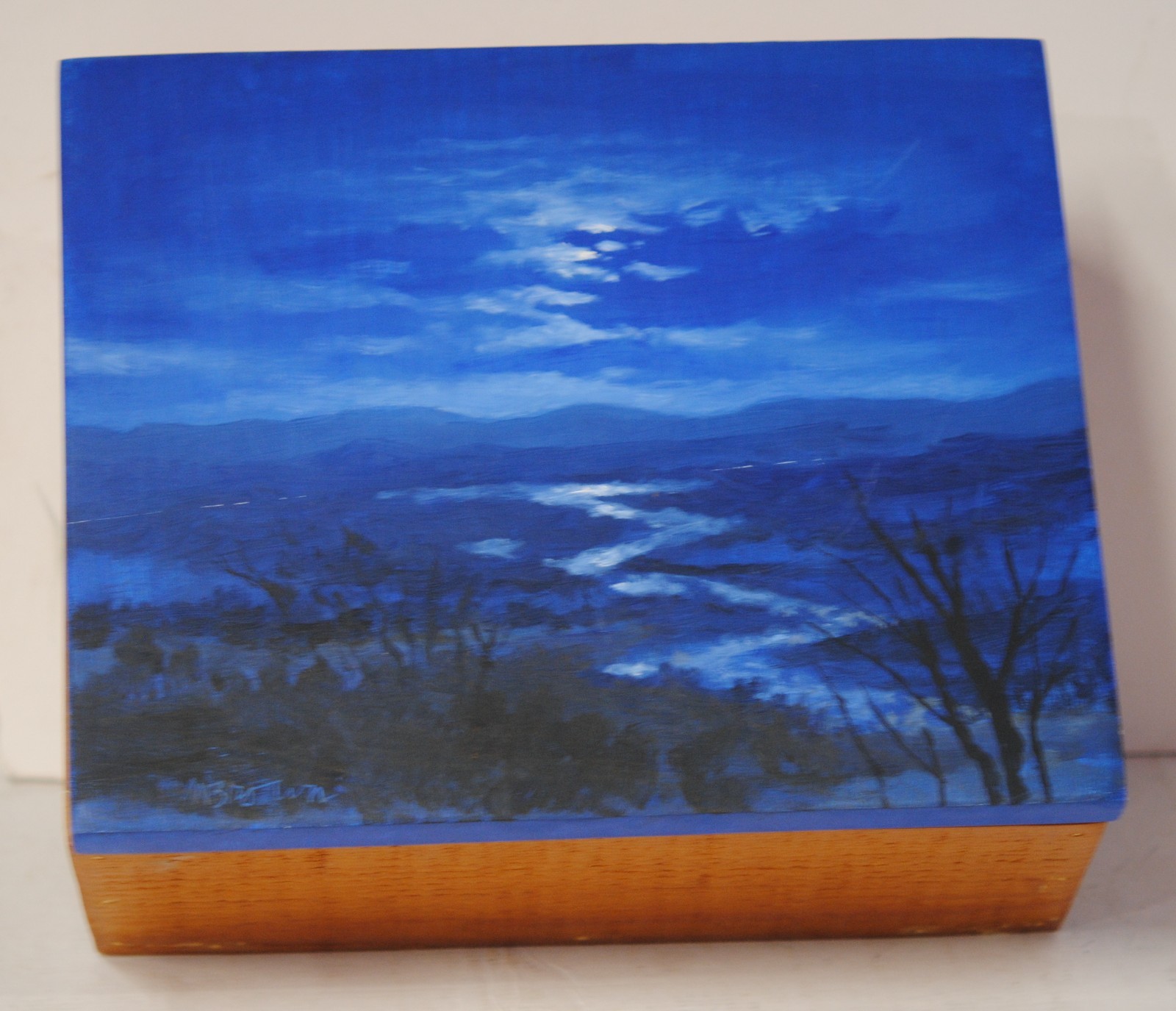 BOX WITH LANDSCAPE PAINTED BY MAURICE BROWN CALIFORNIA ARTIST 12X10X5 PINE