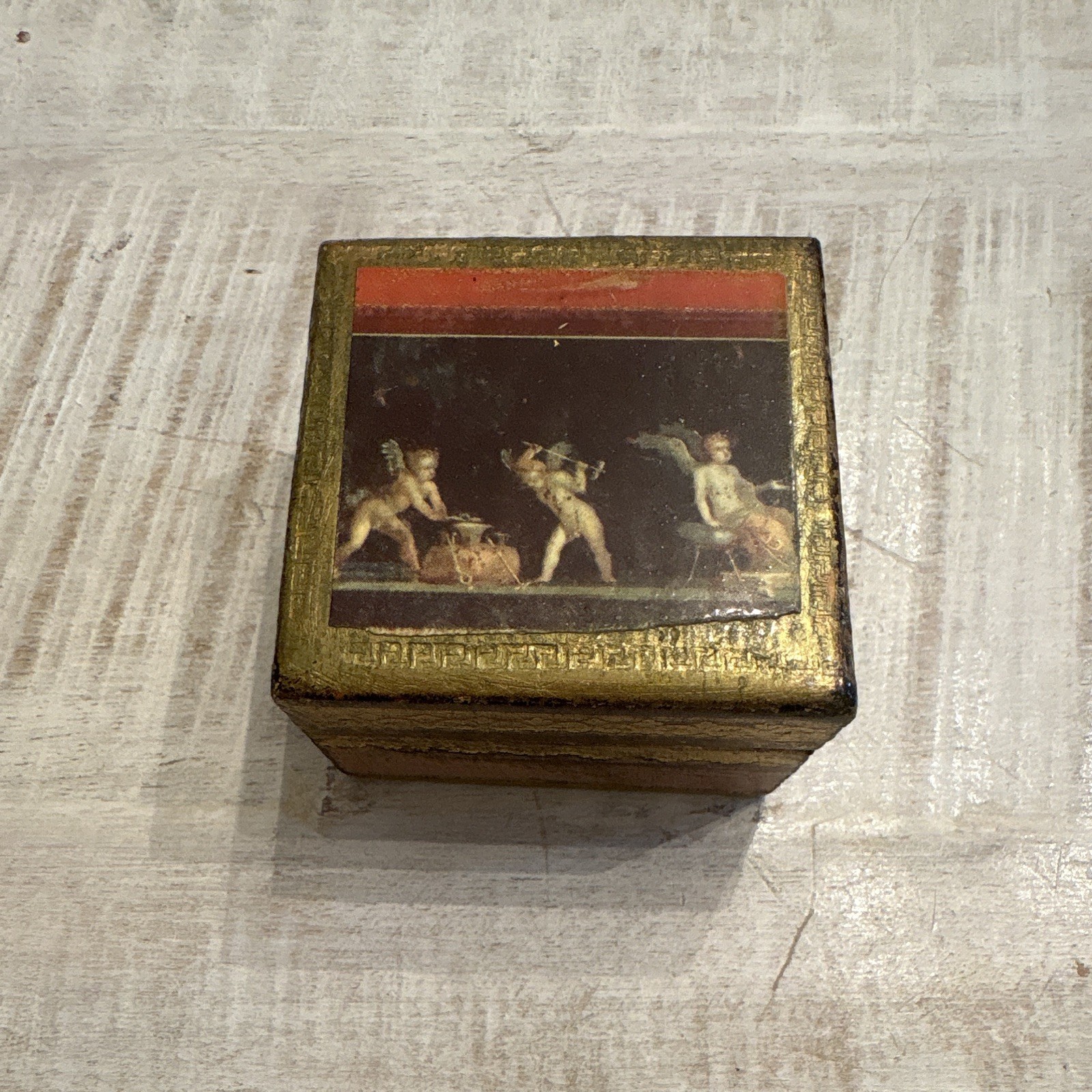 Vintage Italian Florentine Gilt Wood Jewelry Box - Pompeii Putti Cupids Fresco
