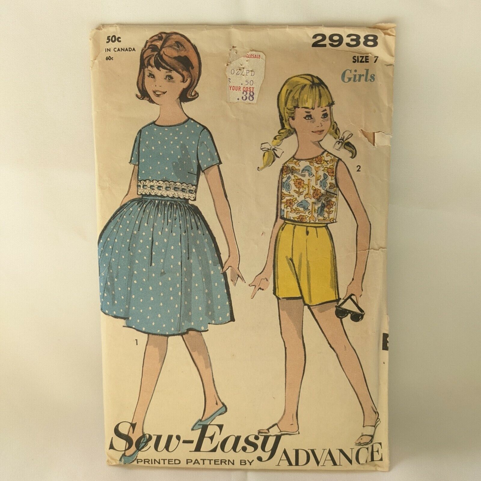 Vintage Simplicity Pattern 2938 Button Back Top Shorts Skirts Girls 7 CUT 1960s