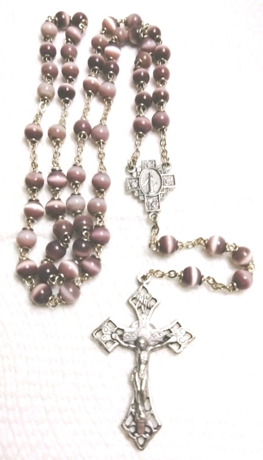 Vintage Four Way Cross Purple Cat's Eye Rosary 4 Way Saint Center Vintage Four Way Cross Purple Cat's Eye Rosary 4 Way Saint Center