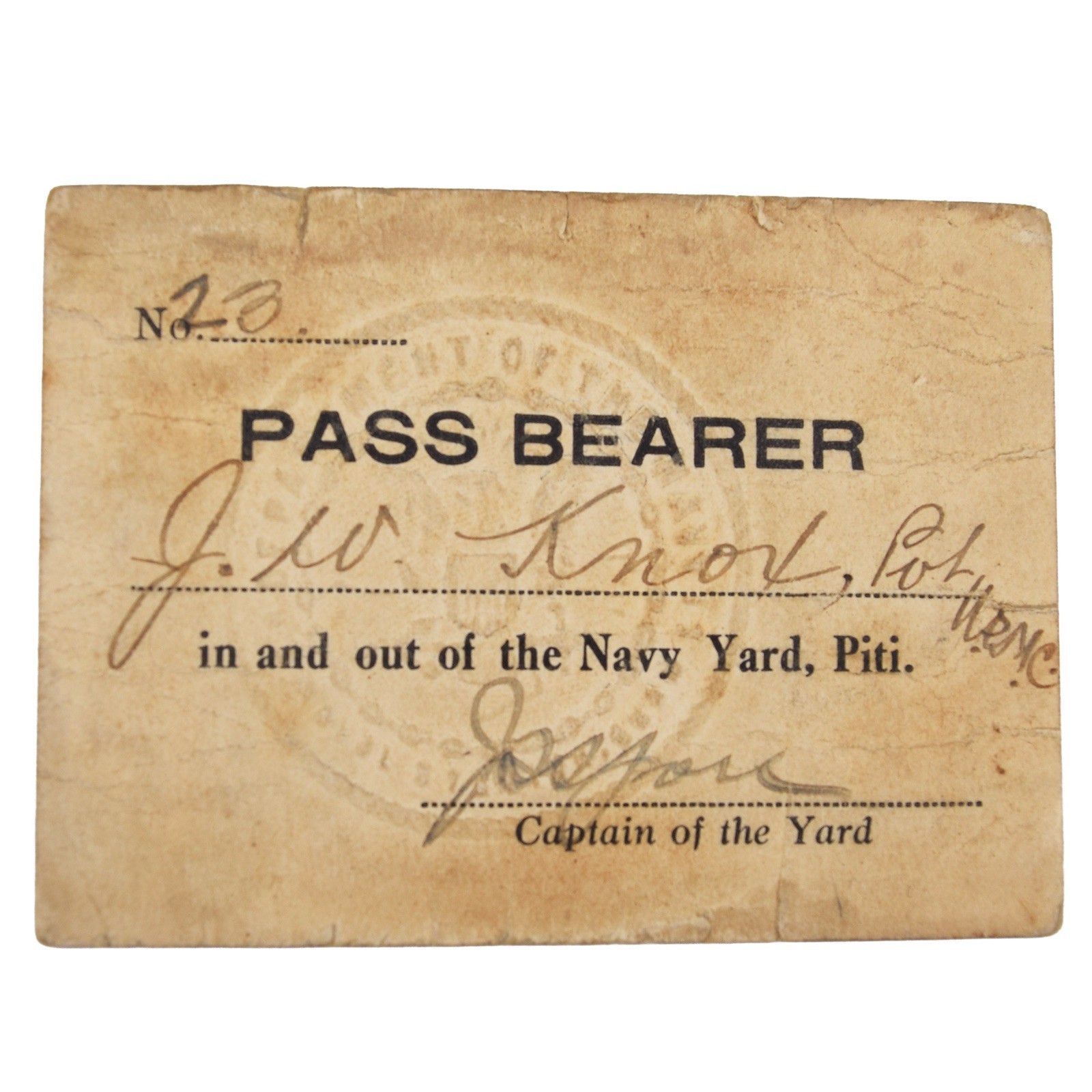 RARE 1920s USMC Marine Piti Guam Navy Yard Pass Signed Captain Of The Yard Pass