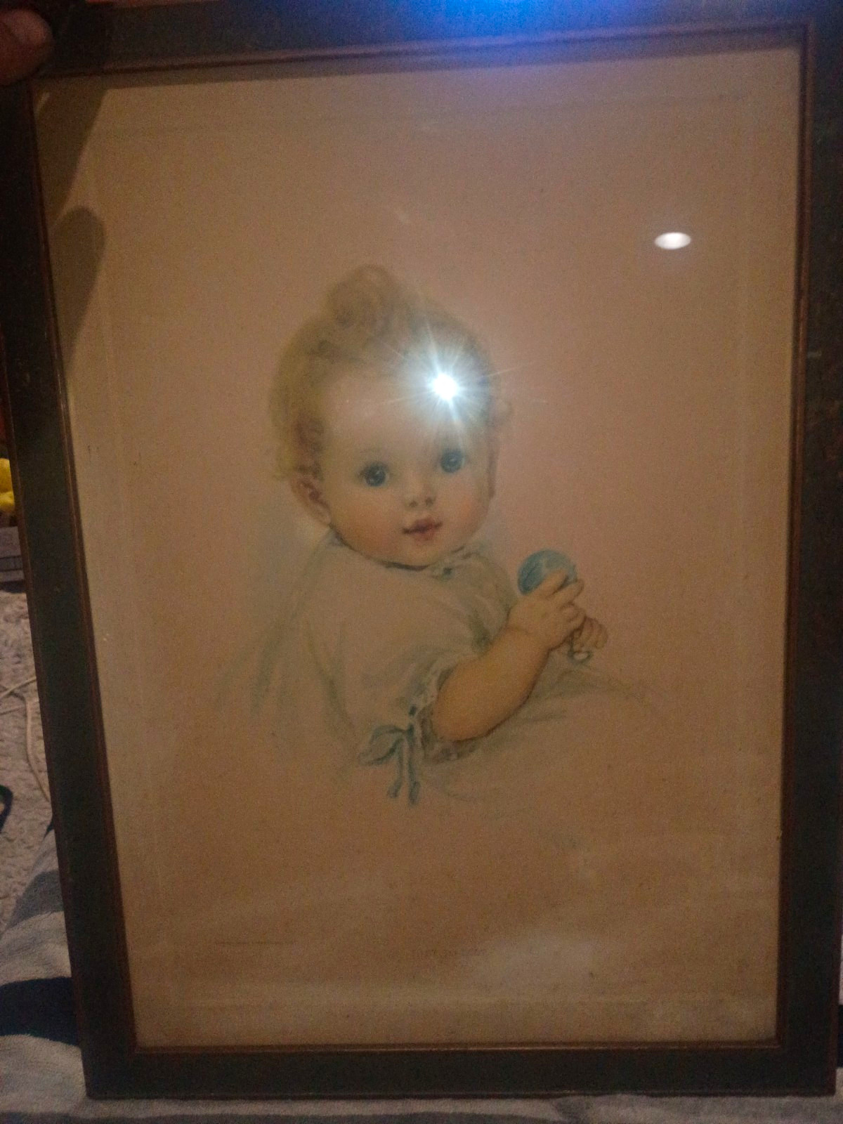 Vintage 1920s Lithograph "Just to Love" Framed w/ Rare Eaton Rapids Woolen Mills