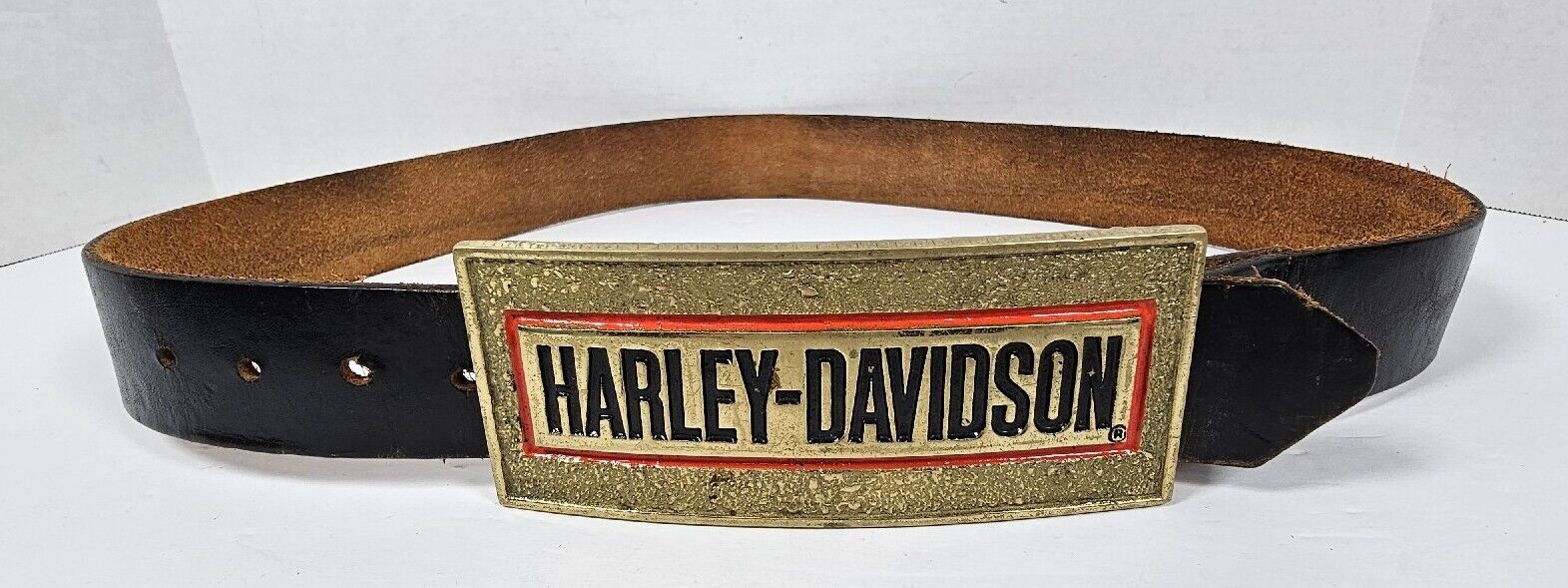 Vintage 1991 Baron Harley Davidson Spell Out Solid Brass H705 Belt Buckle & Belt