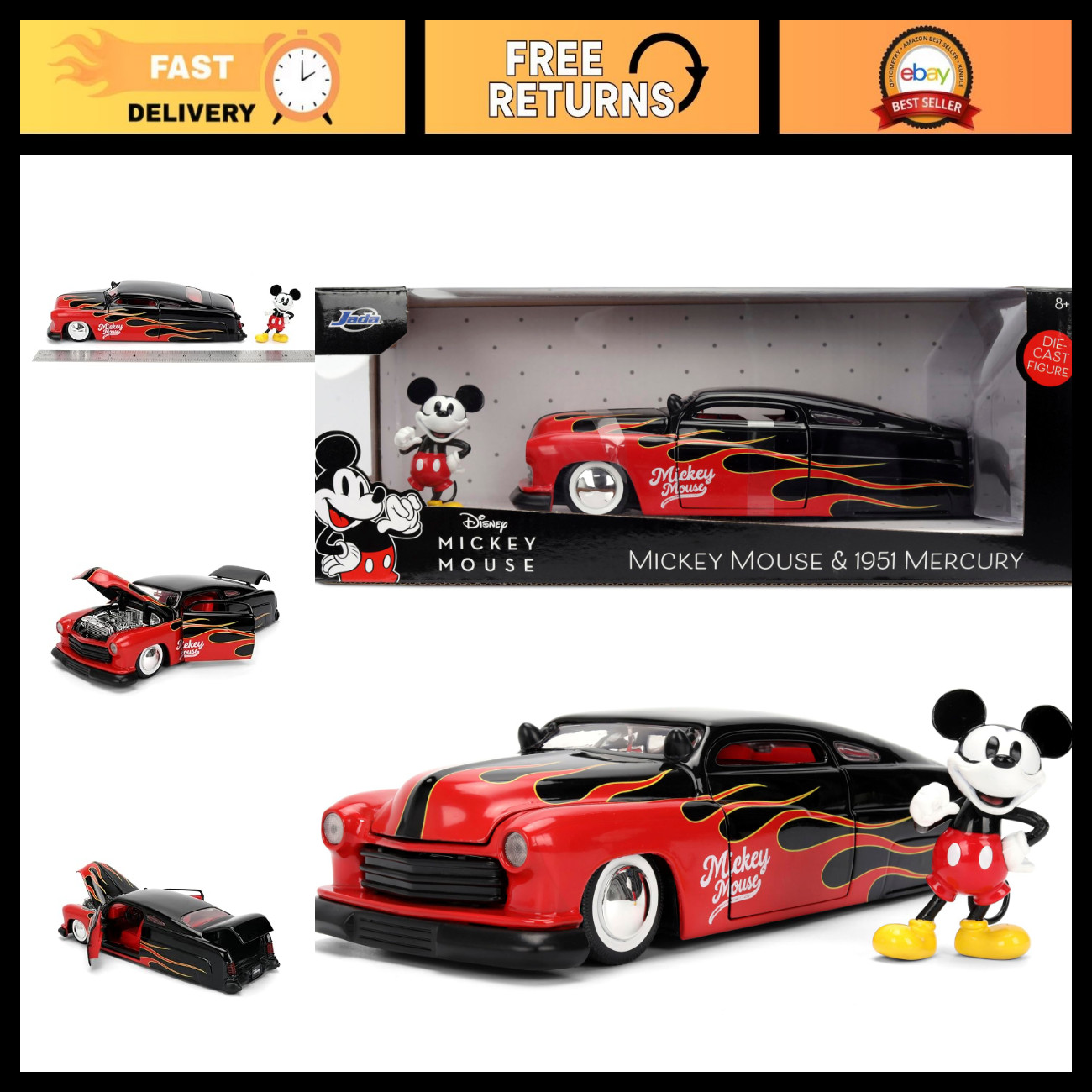 Vintage Mickey Die-Cast Car 1951 Mercury Hollywood Rides Toy - Flame Design, Col Vintage Mickey Die-Cast Car 1951 Mercury Hollywood Rides Toy - Flame Design, Col