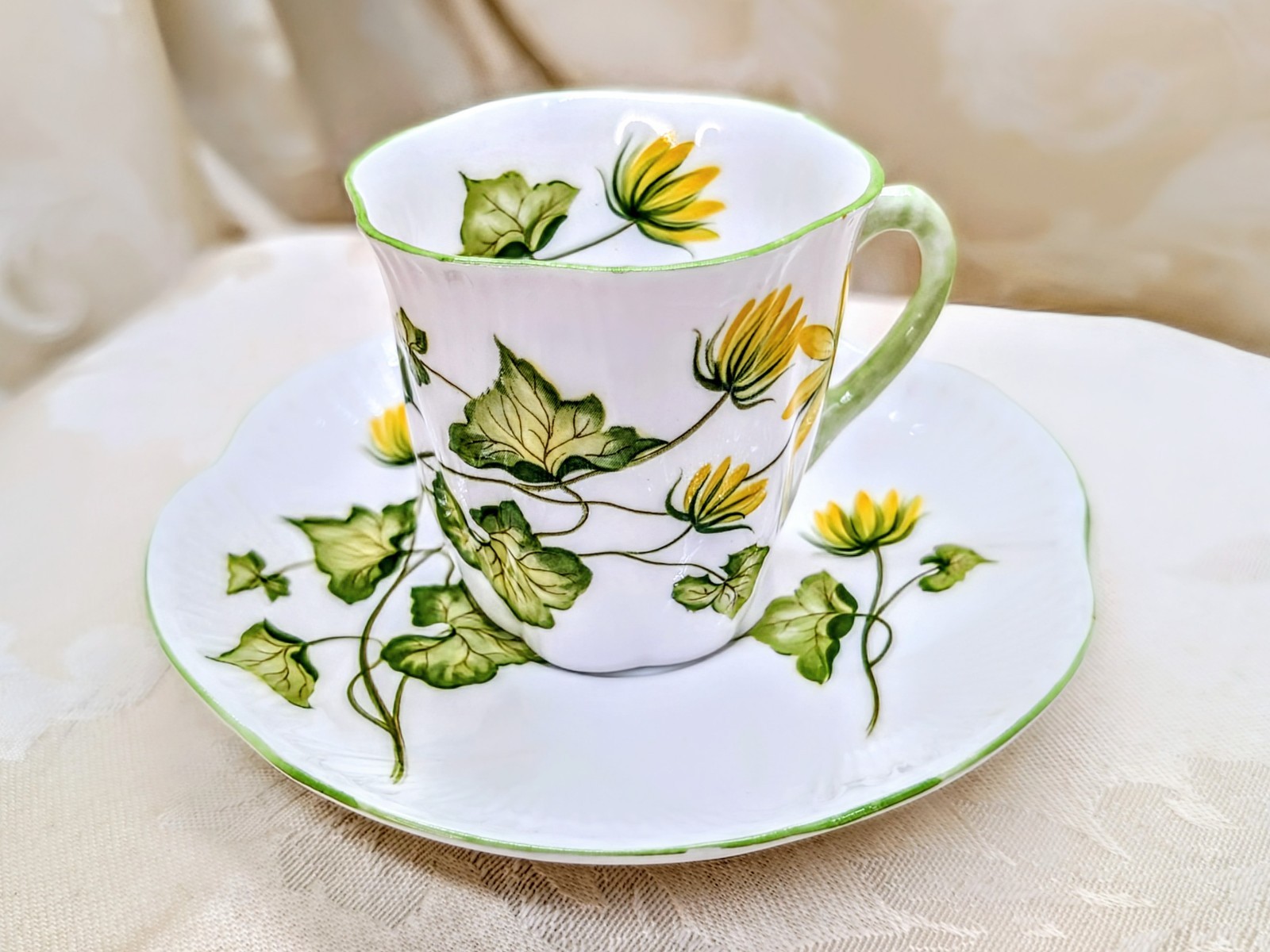 Vintage Shelley Celandine Dainty Demitasse Cup & Saucer Set Yellow Floral Green Vintage Shelley Celandine Dainty Demitasse Cup & Saucer Set Yellow Floral Green