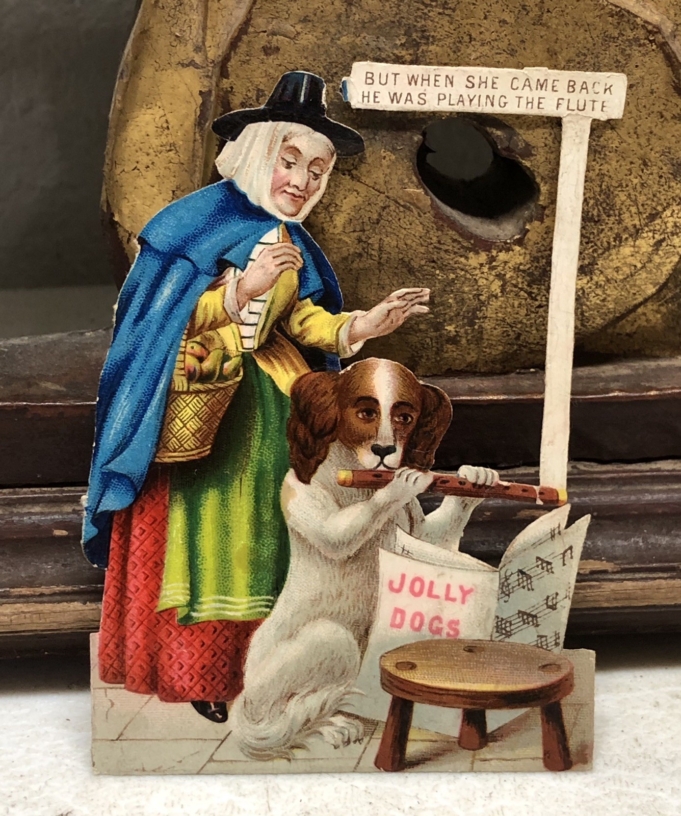 Victorian Die Cut Embossed Grandma w/ Dog playing Flute "Jolly Dogs" Scrap - L3 Victorian Die Cut Embossed Grandma w/ Dog playing Flute "Jolly Dogs" Scrap - L3