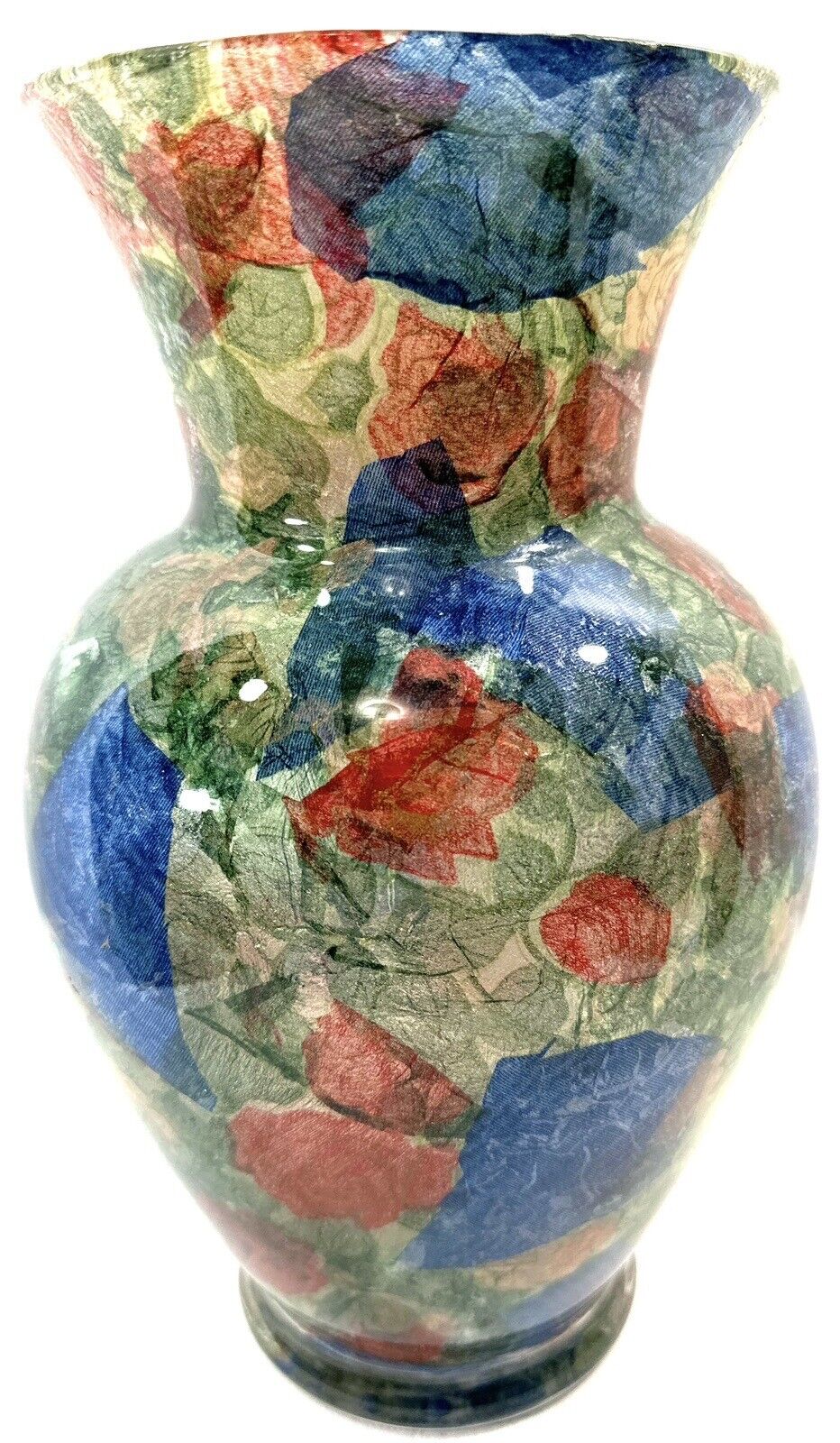 Vintage Paper Mache Glass Vase Green Blue Red 10.5” Tall 6” Wide