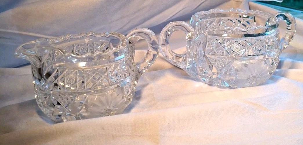 Antique American Brilliant Cut Glass Creamer Sugar Set Flashed Star ABP Hobstar Antique American Brilliant Cut Glass Creamer Sugar Set Flashed Star ABP Hobstar