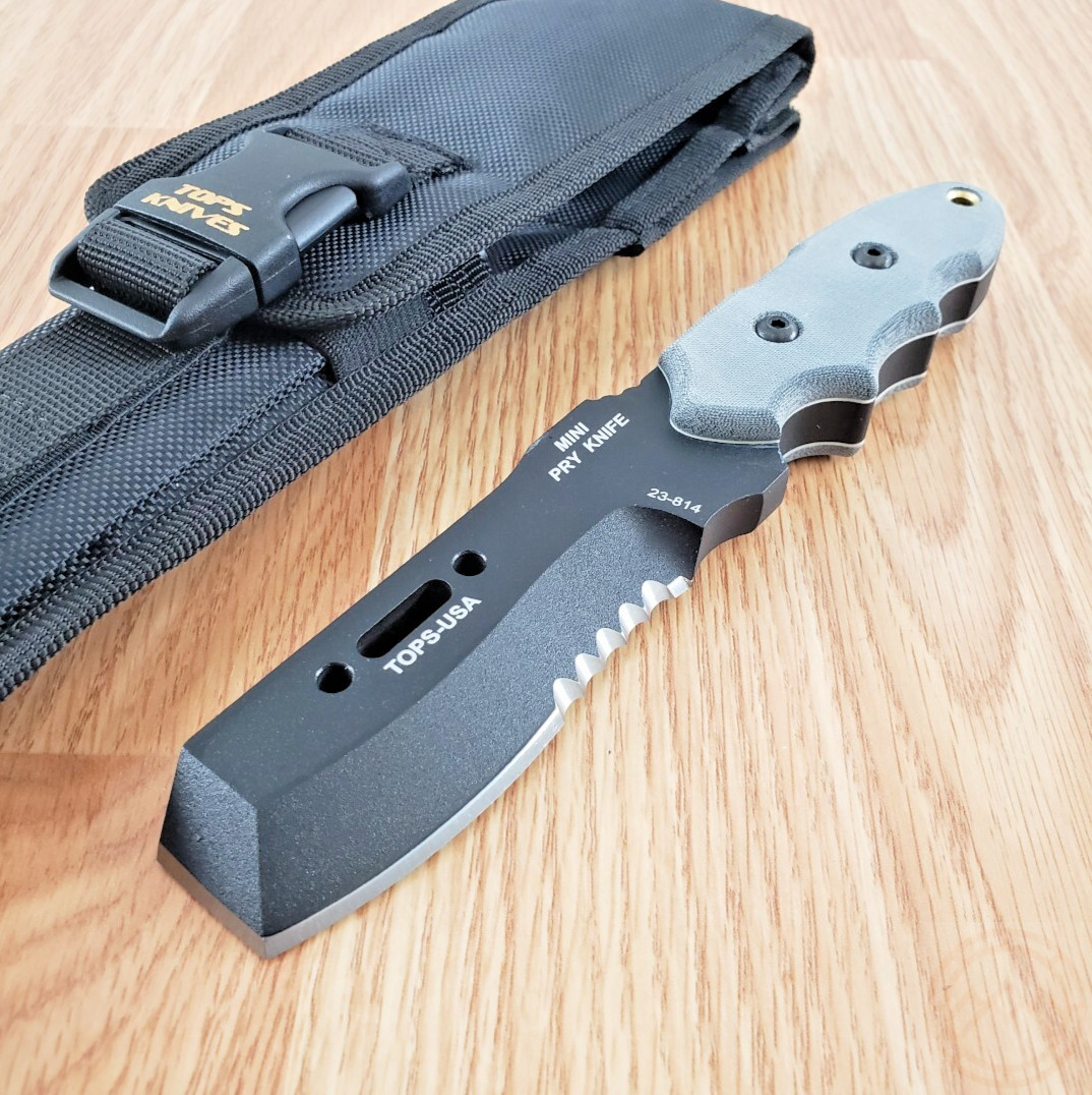 TOPS Mini Pry Fixed Knife 4.25" Full Tang 5160 Steel Blade Linen Micarta Handle TOPS Mini Pry Fixed Knife 4.25" Full Tang 5160 Steel Blade Linen Micarta Handle
