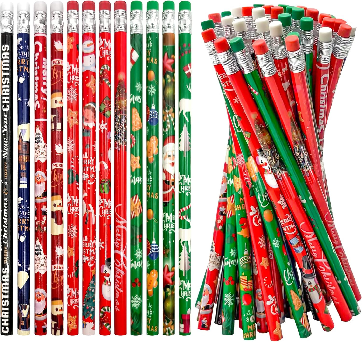 72 PCS Christmas Pencils with Eraser,Xmas Themed Pencil,Wooden Pencils with Sant