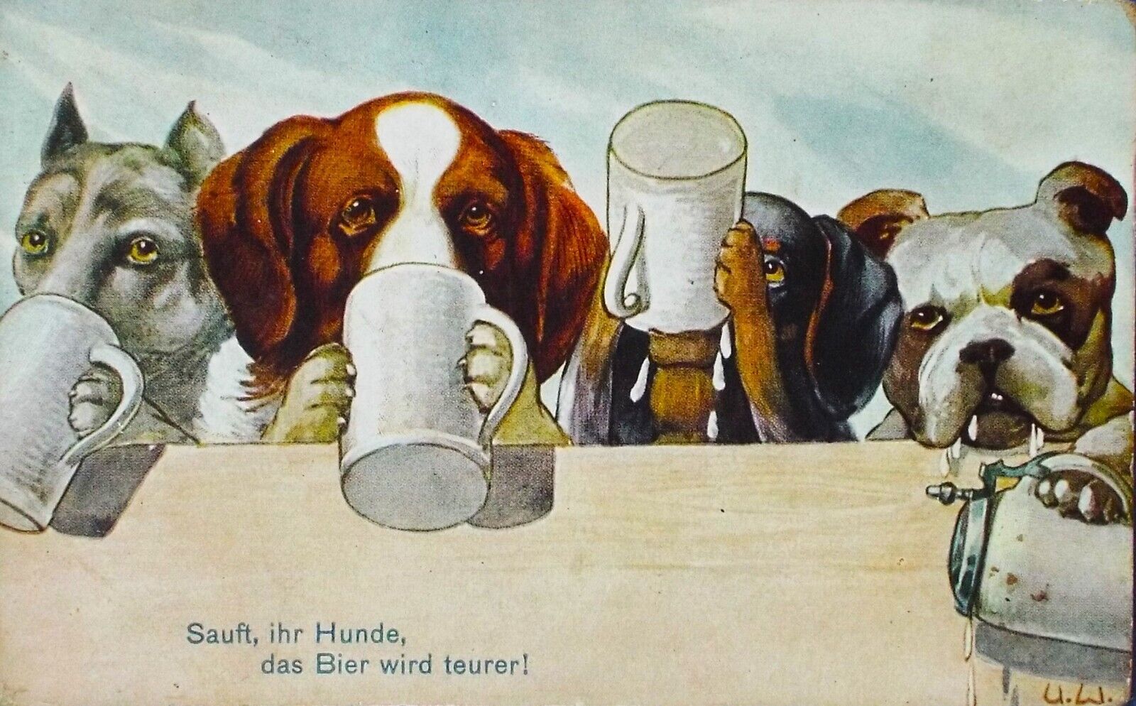 Superb Rare Fantasy 1907 Dog drinks beer Artist Signed Ulrich Weber Germany