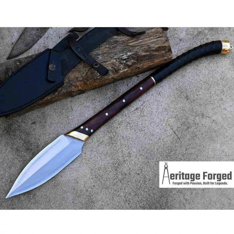 CUSTOM HANDMADE CARBON STEEL HUNTING HELLBOY SPEAR KNIFE W/WOOD HANDLE & SHEATH CUSTOM HANDMADE CARBON STEEL HUNTING HELLBOY SPEAR KNIFE W/WOOD HANDLE & SHEATH