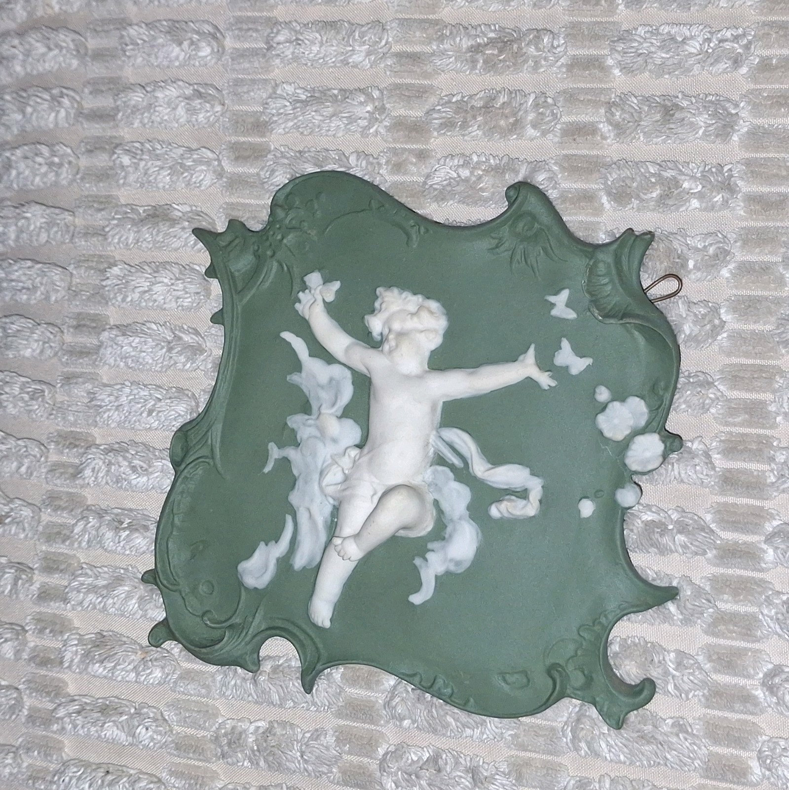 Antique German Jasperware Wall Plaque White Relief Cherub Putti Butterflies Sage