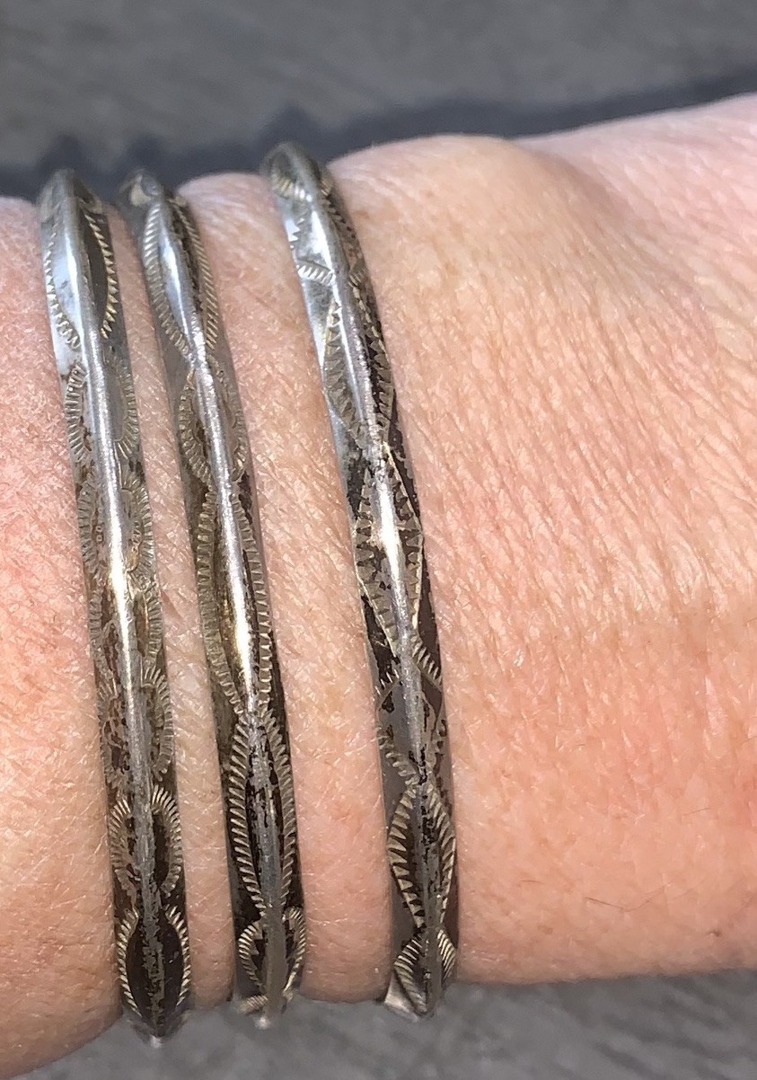 A6 OLD NAVAJO NATIVE INDIAN 3 STERLING SILVER STAMPED CUFF BRACELETS 28g 5-5.5”