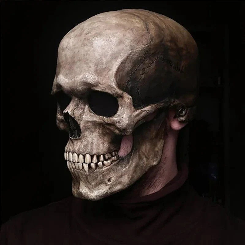 Realistic Skull Mask Full Head Movable Jaw Skeleton Horror Halloween Adult Cospl