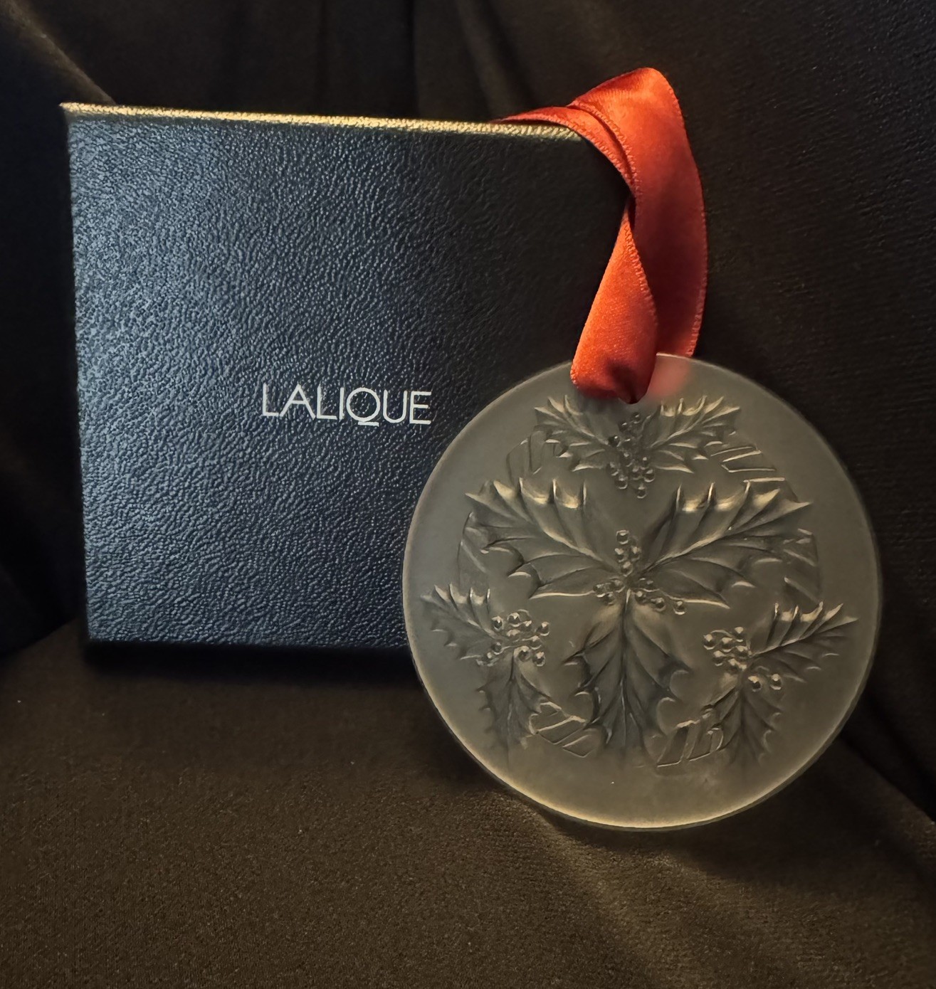 Holly Christmas Ornament by Lalique With Box-EUC