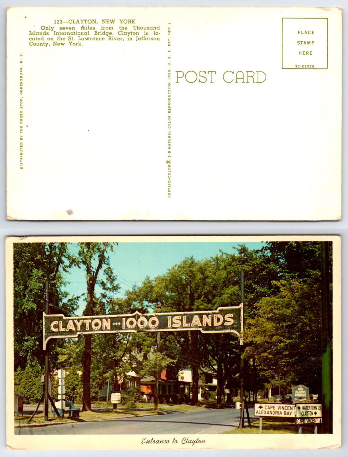 [E2] Postcard Unused, Entrance to Clayton, 1000 Islands
