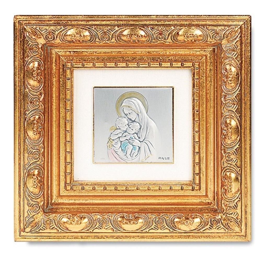 Madonna and Child with Angel Sterling Silver Icon Image in Gold Leaf Resin Frame