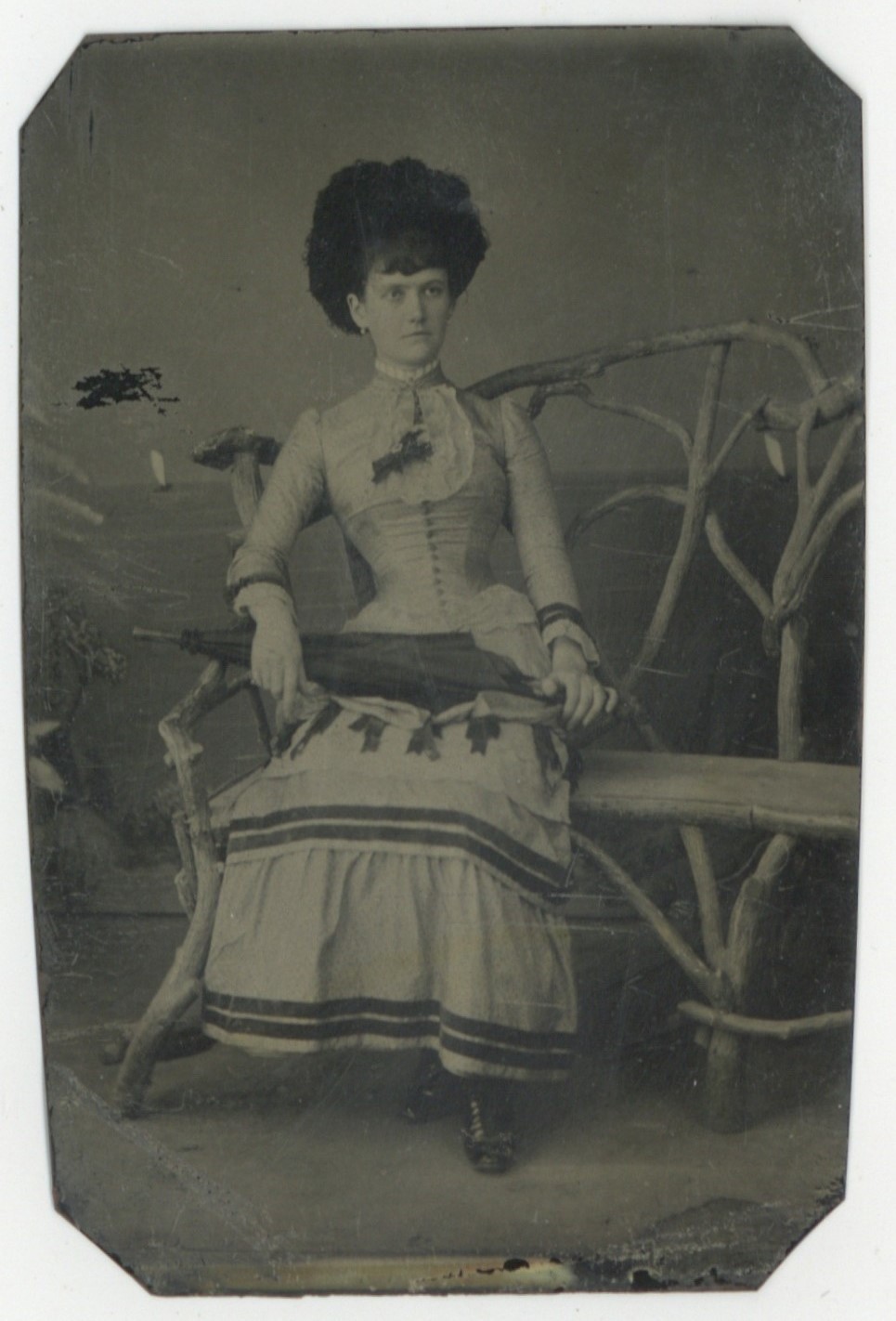 Woman Boardwalk Portrait 1860 Early Wig Example Tintype Bouffant Hair Q10005 Woman Boardwalk Portrait 1860 Early Wig Example Tintype Bouffant Hair Q10005