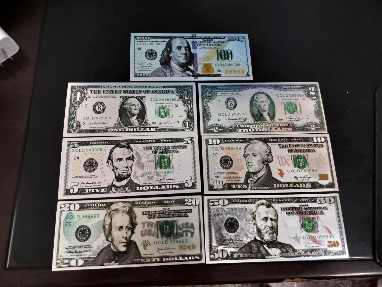 SET, US, 1 2 5 10 20 50 100 Dollars, 7Pcs Silver Foil Plastic Novelty Banknote SET, US, 1 2 5 10 20 50 100 Dollars, 7Pcs Silver Foil Plastic Novelty Banknote