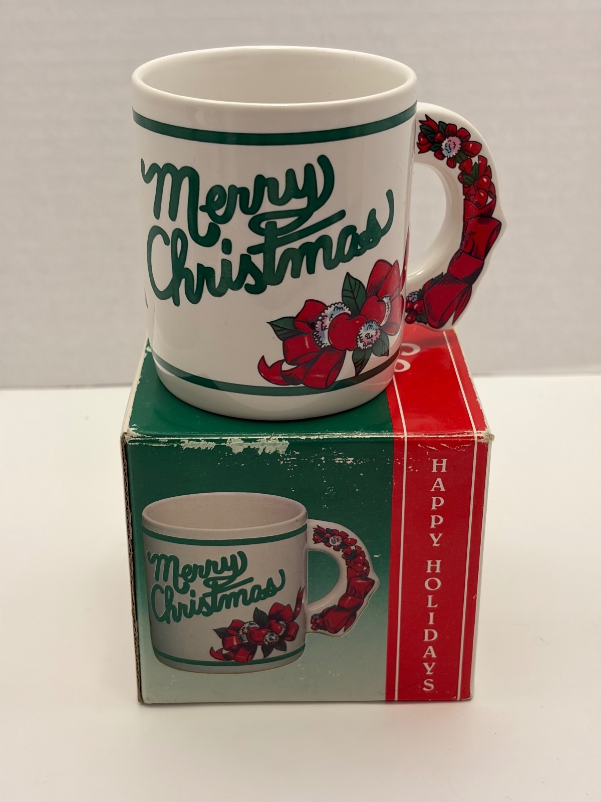 Vintage 1987 The Love Mug Merry Christmas Mug Poinsettia Handle Original Box Vintage 1987 The Love Mug Merry Christmas Mug Poinsettia Handle Original Box