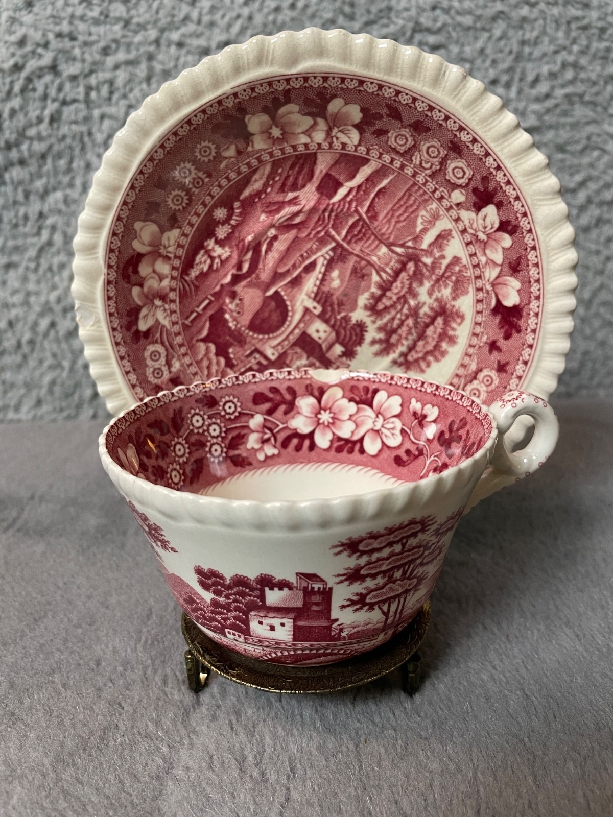Vintage Copeland Spode’s Tower Teacup Saucer Red Transferware England Bone Vintage Copeland Spode’s Tower Teacup Saucer Red Transferware England Bone